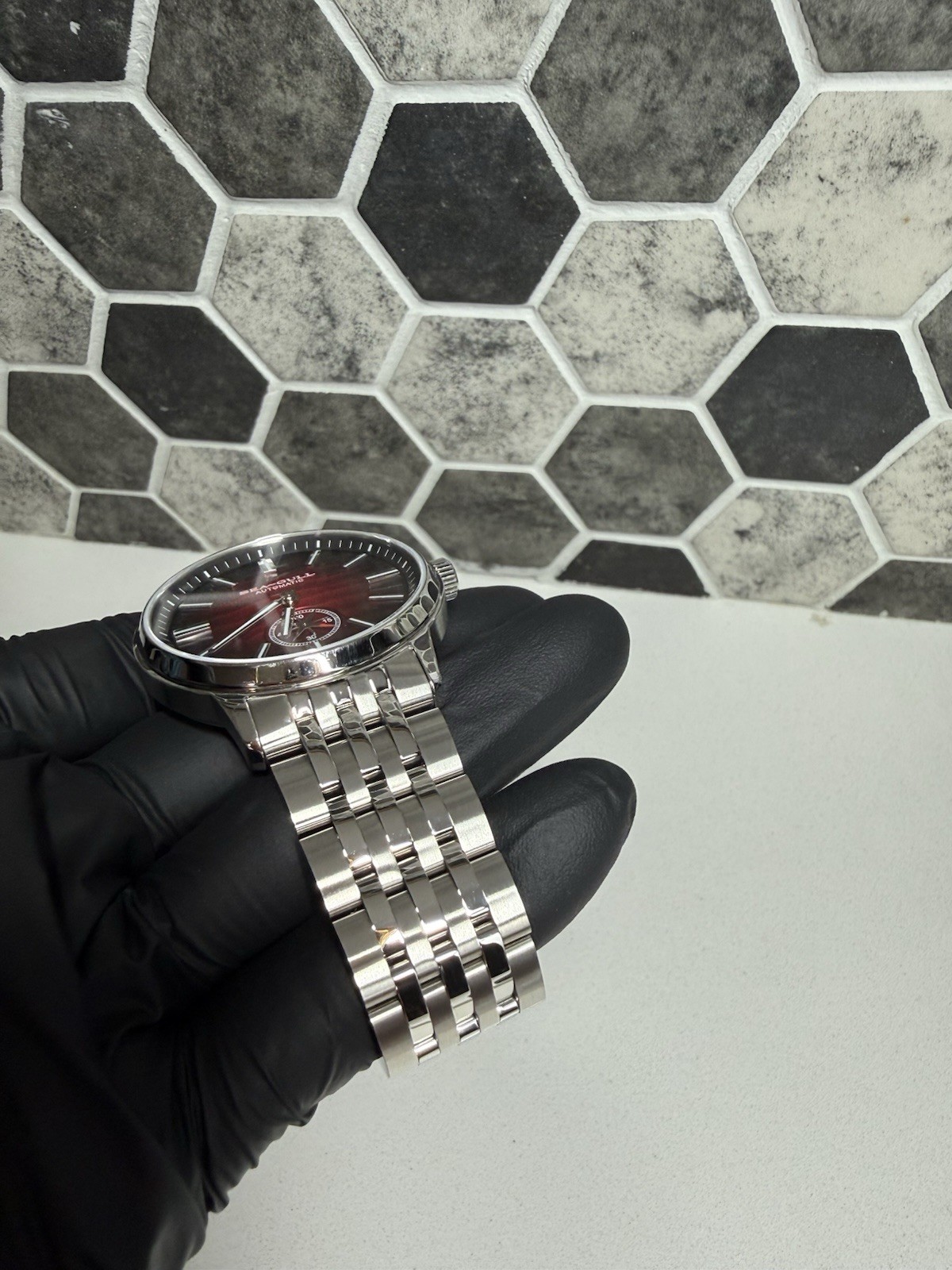 Seagull Automatic Mechanical Red/Black Dial Lume Small Sec SS Bracelet 50m