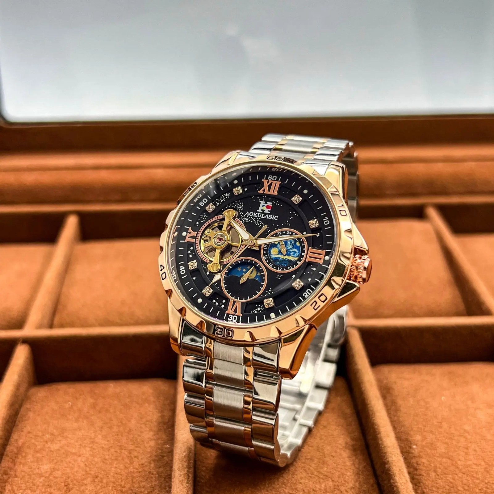 AOKULASIC Tourbillon Skeleton Mechanical Watches Starry Sky Moon Phase Dial Stee