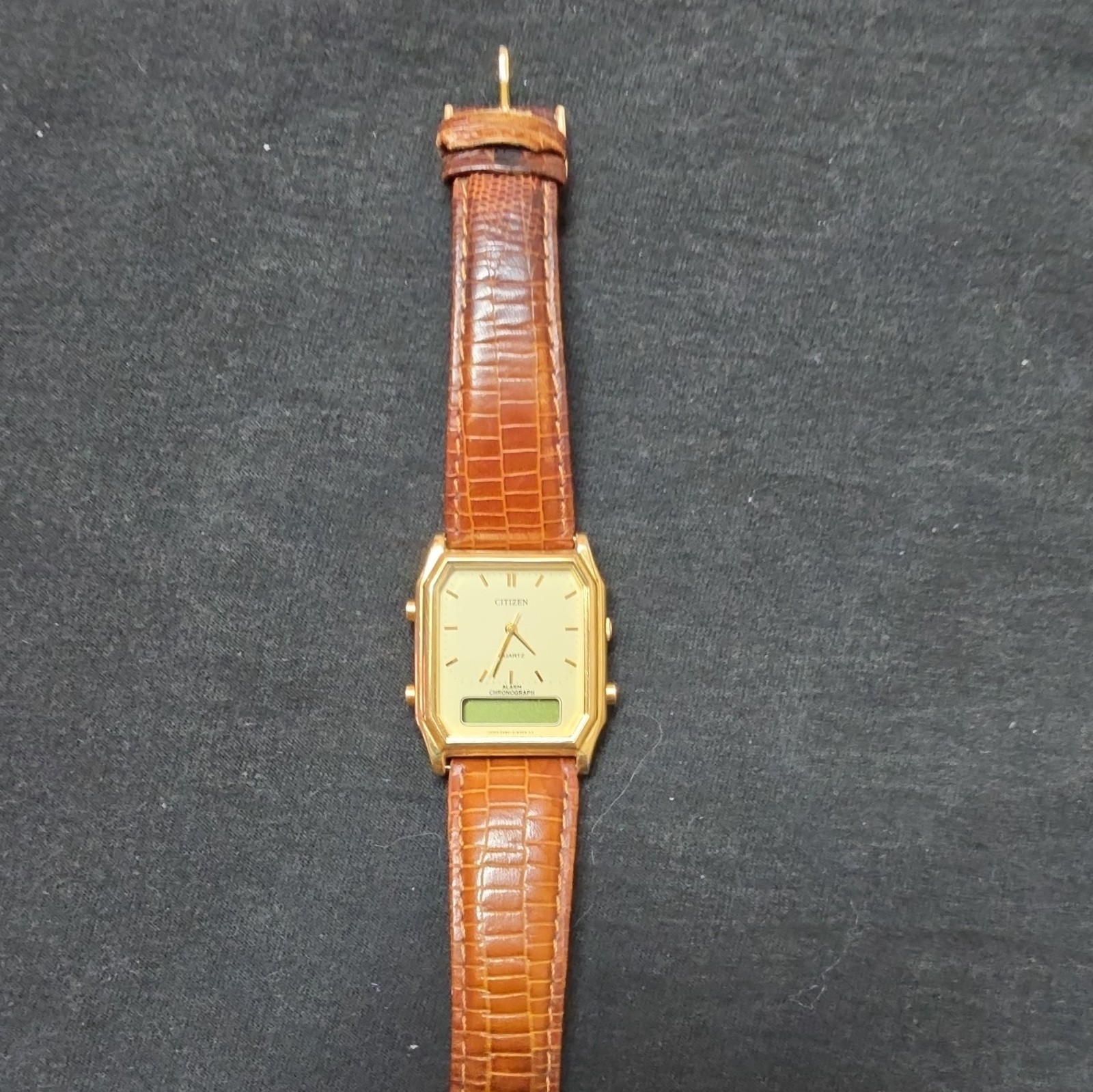 Citizen Quartz Alarm Chronograph Ana-Digi LCD Gold SS Case Brown Leather