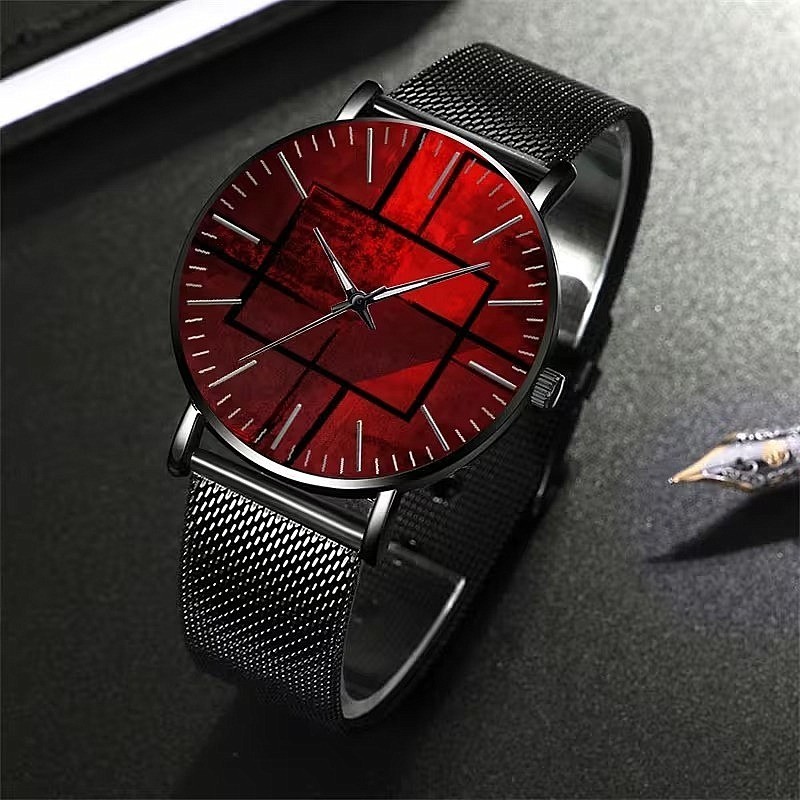 Men’s Red Geometric Dial Quartz Watch Black Mesh Band Minimalist No Battery