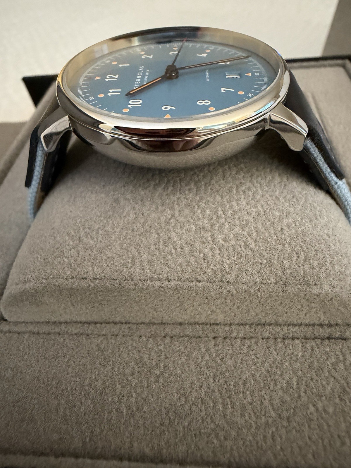 Sternglas Lumatik Automatic 38mm Blue Dial Date, Blue Leather Strap, Box/Papers