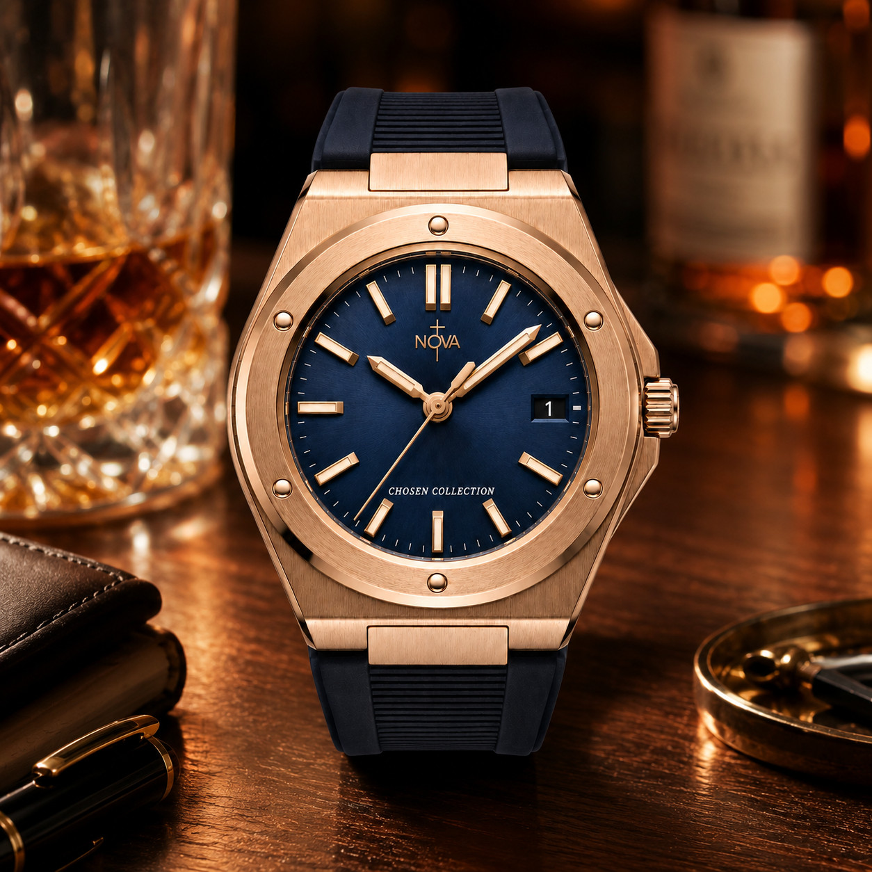 Nova Christian Chosen Custom Watch Blue Dial Rose Gold Tone Date