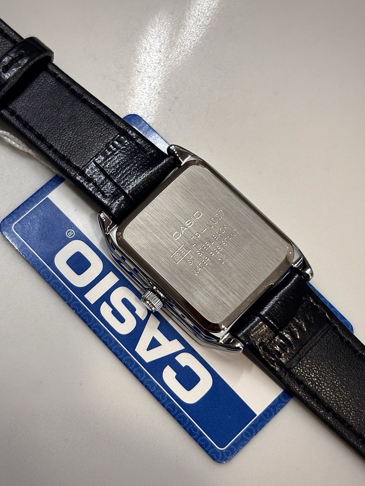 Casio Tank Style Watch Black Leather Strap Silver Dial