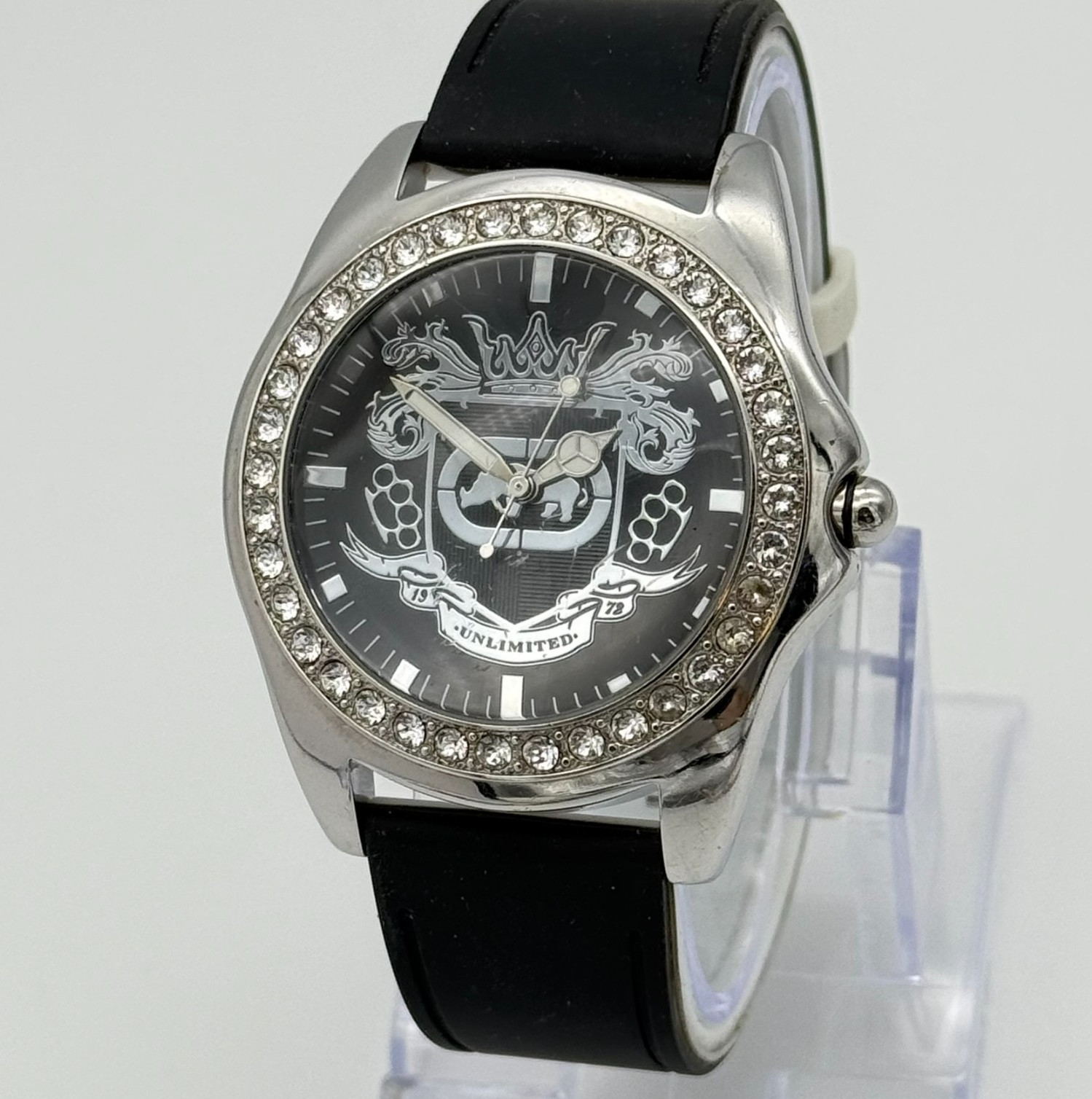 Men’s MARK ECKO Silver Tone Crystal Accent All Steel Watch, Black Silicone, 45mm