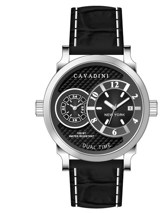 Cavadini Men’s Watch Dual Time New York 1 27/32in Steel Black Leather CV-2000