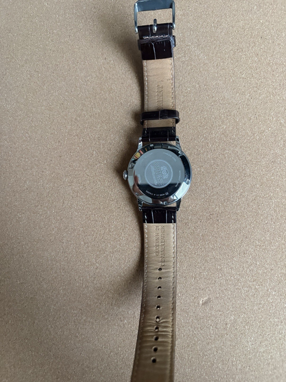 Orient Bambino Automatic Watch White Dial, Blue Hands, Brown Leather Strap Date
