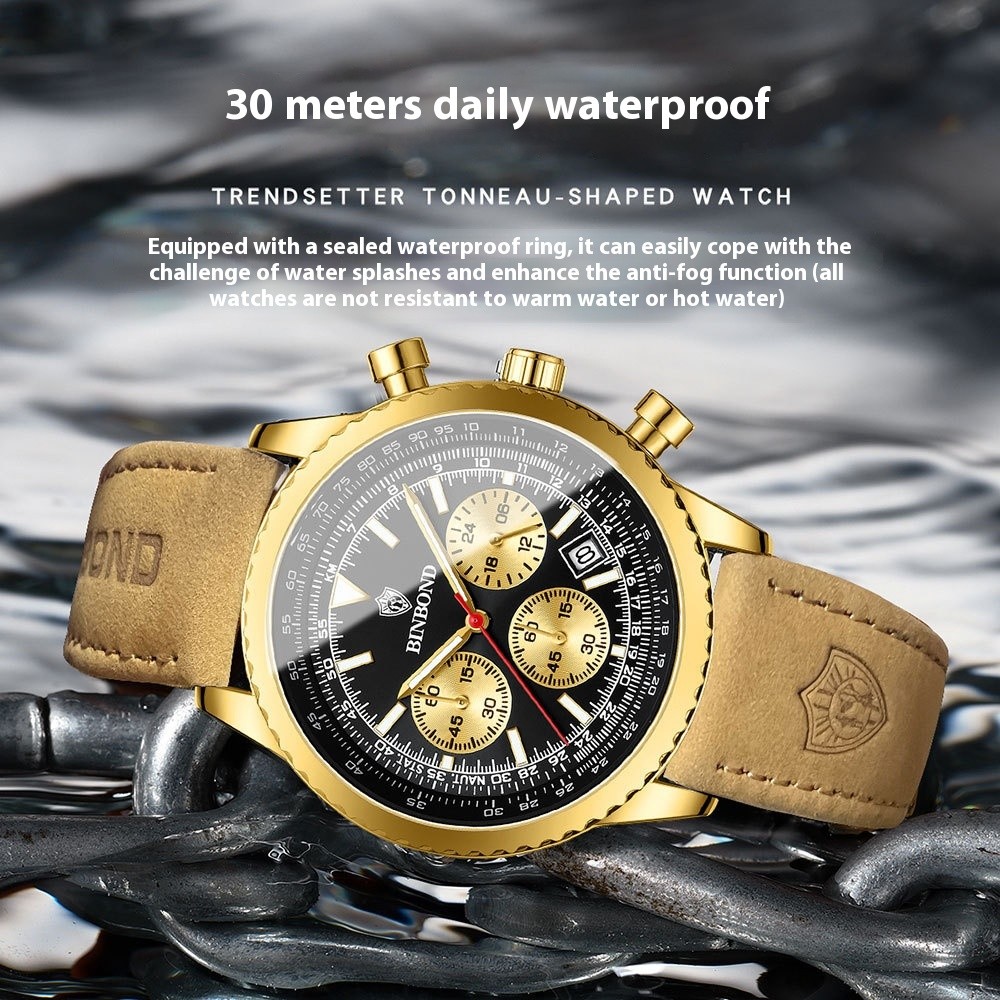 BINBOND Men’s Quartz Chronograph Watch Luminous Date Waterproof Leather