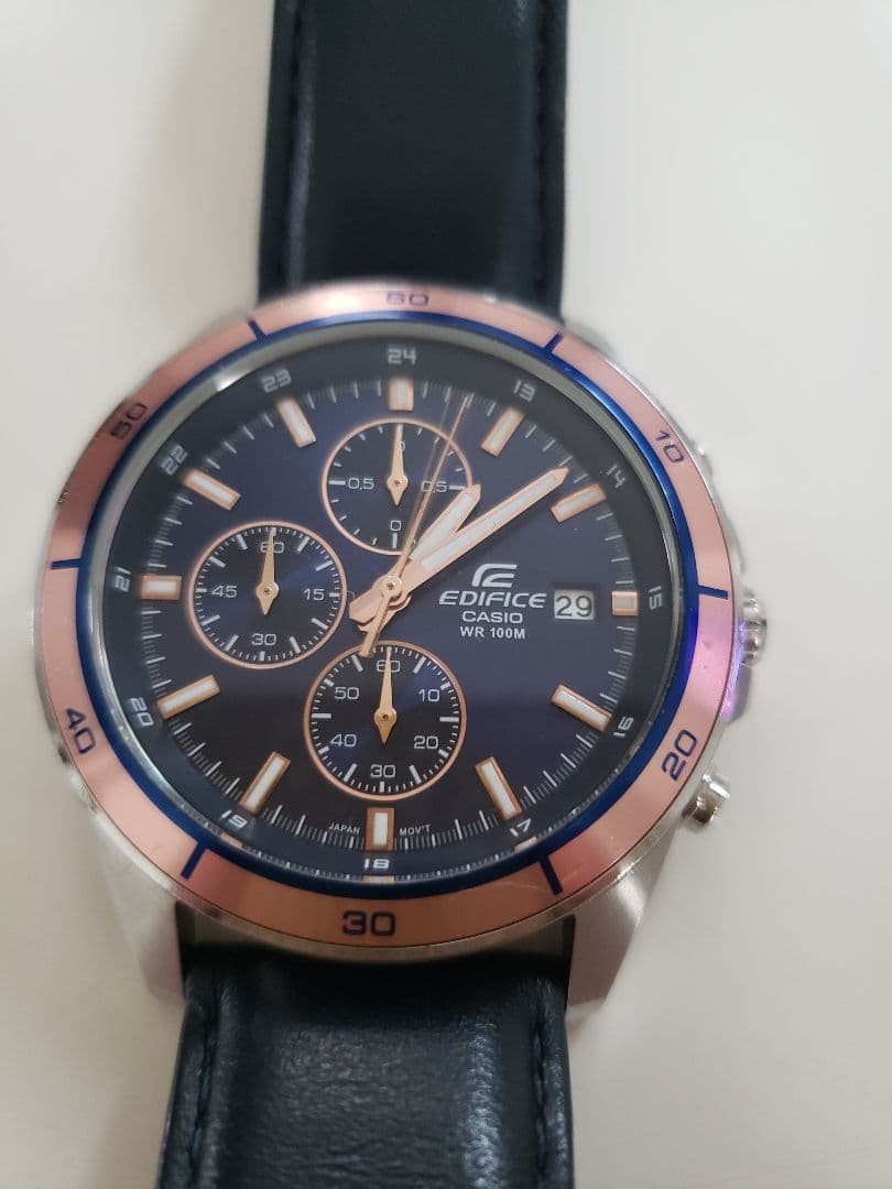 Casio Edifice Quartz Chronograph Navy Dial Rose Gold Mens Watch WR100M Japan