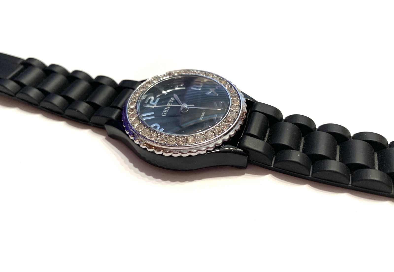 GENEVA Platinum Watch Black Rubber Band Silver Case Clear Crystals NEW