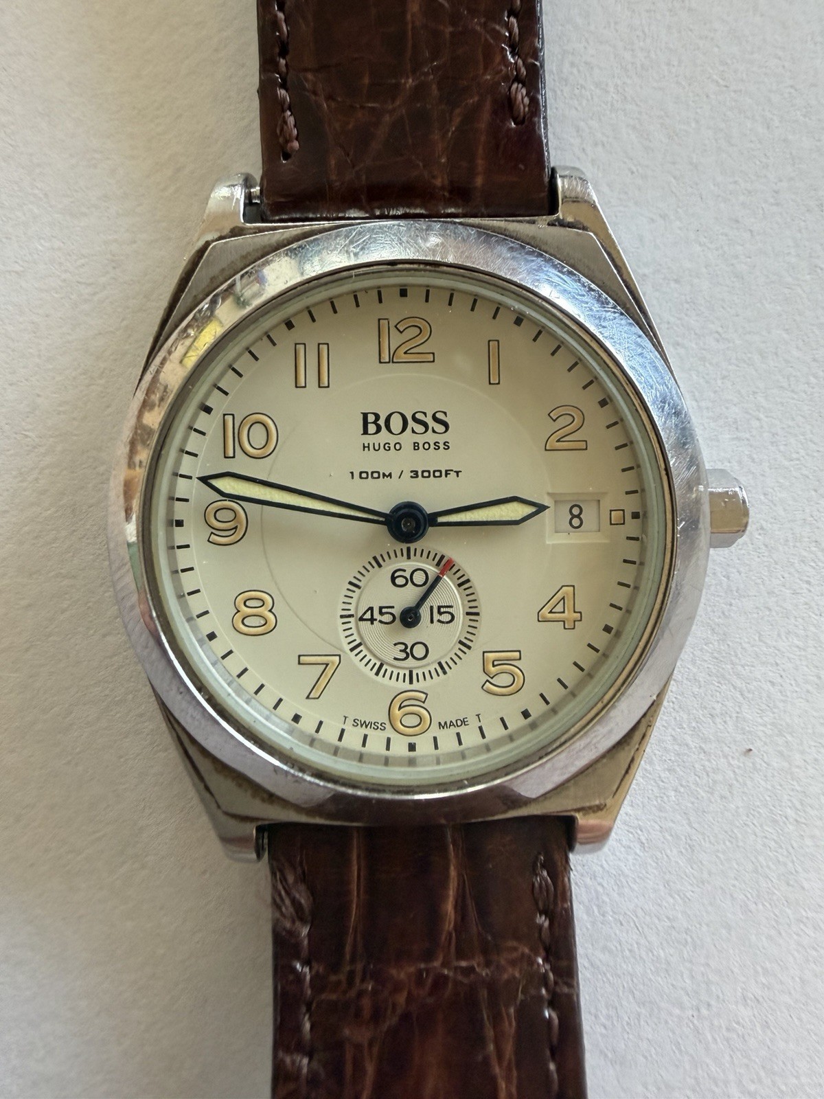 HUGO BOSS 1116 Quartz Analog Beige Dial 34mm SS Brown Leather Strap 100m Date