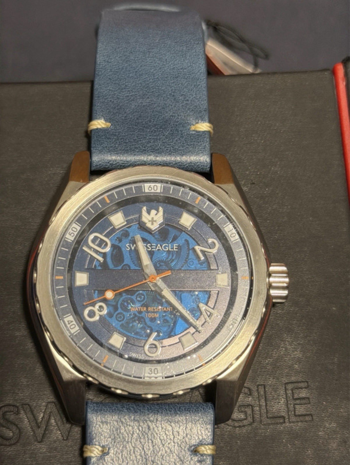 Swiss Eagle 47MM Automatic Stainless Steel Case Blue Leather strap New Unused