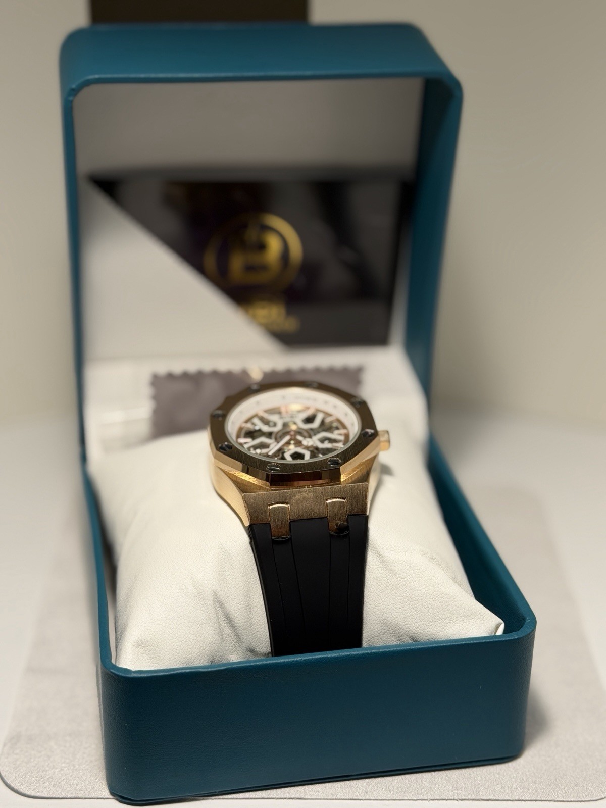 BIBI Skeleton Automatic Watch Rose Gold Black Silicone Strap 41.5mm! SLEEK! NEW!