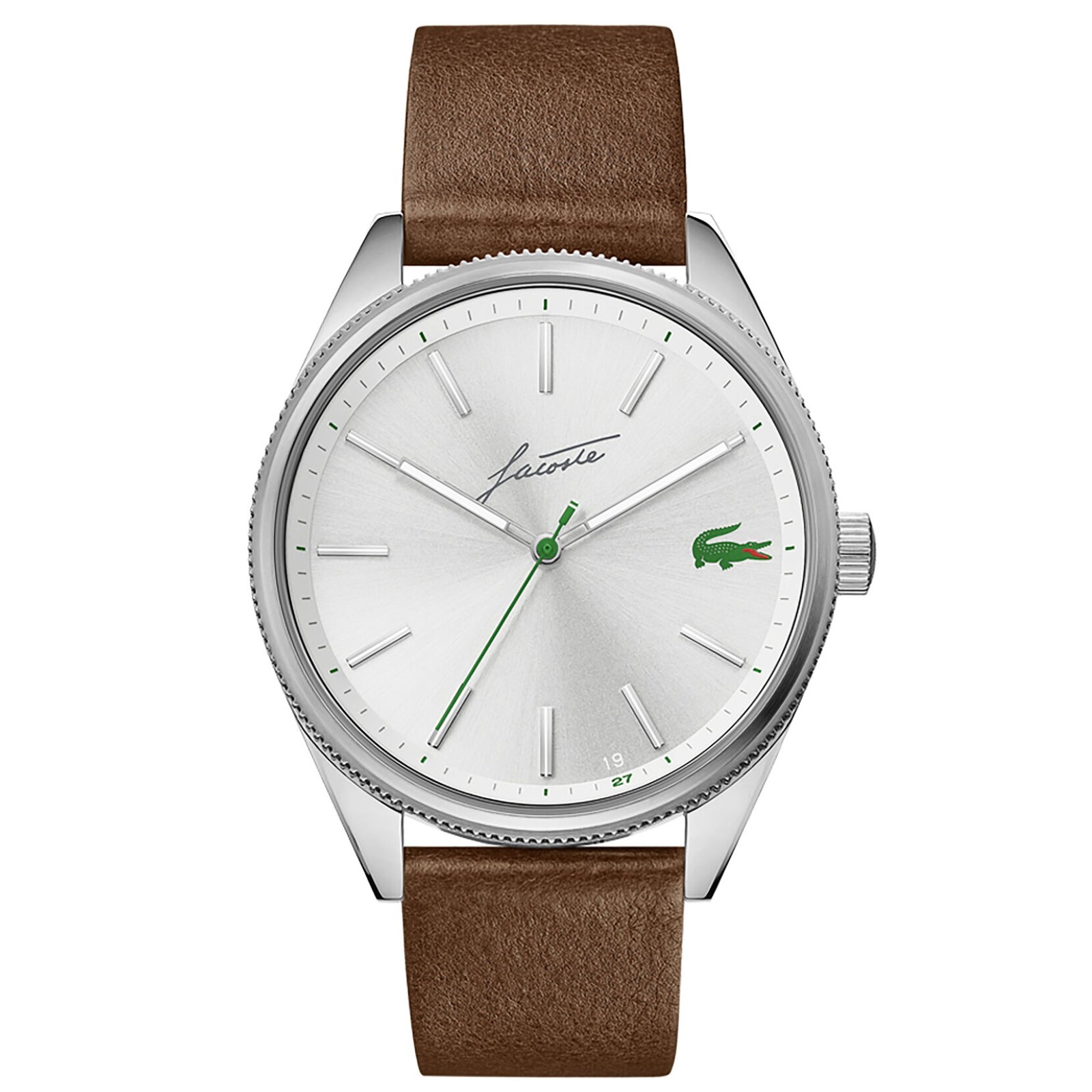 LACOSTE 2011052 SILVER DIAL BROWN LEATHER STRAP 42MM MEN’S HERITAGE WATCH