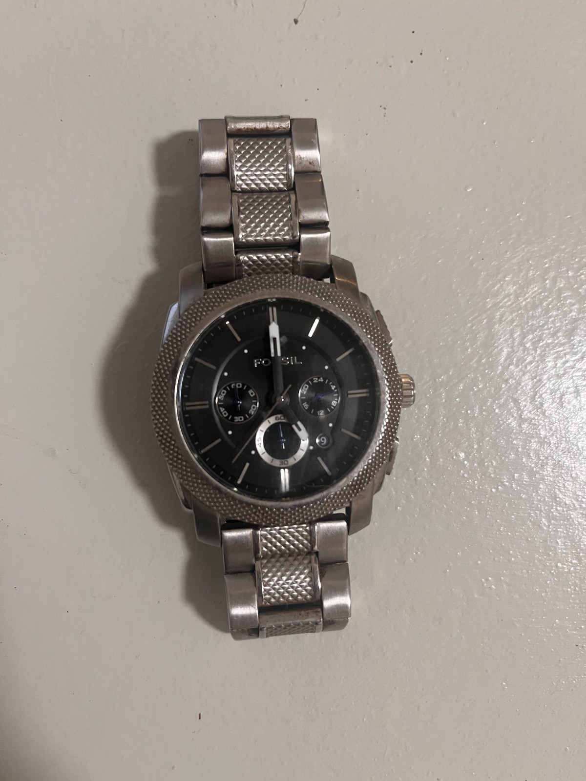 Fossil Men’s Silver Tone Stainless Steel Watch – Black Dial – Chronograph Style