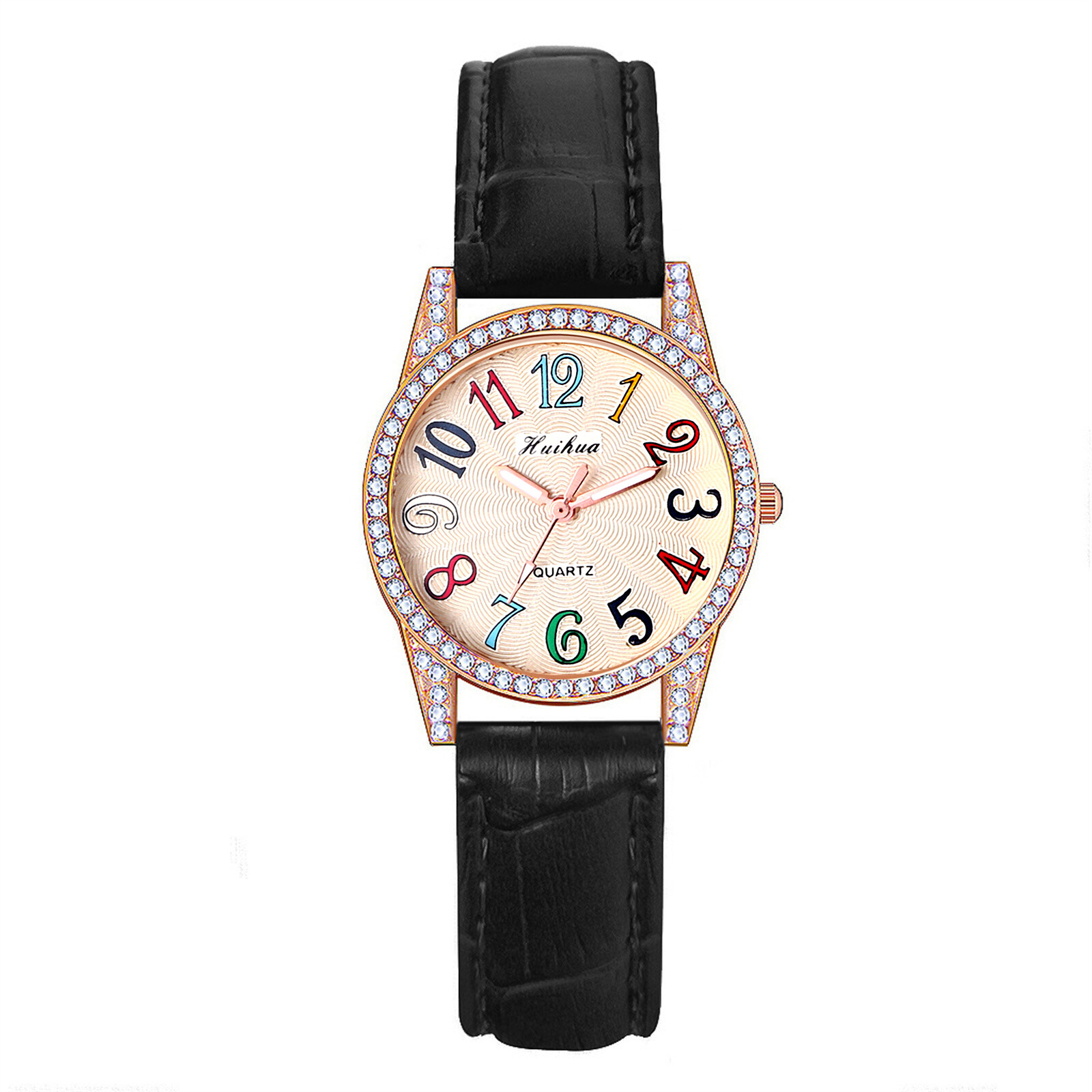 Women Girls Colorful Arabic Numerals Rhinestone Quartz Wrist Watch Leather Strap
