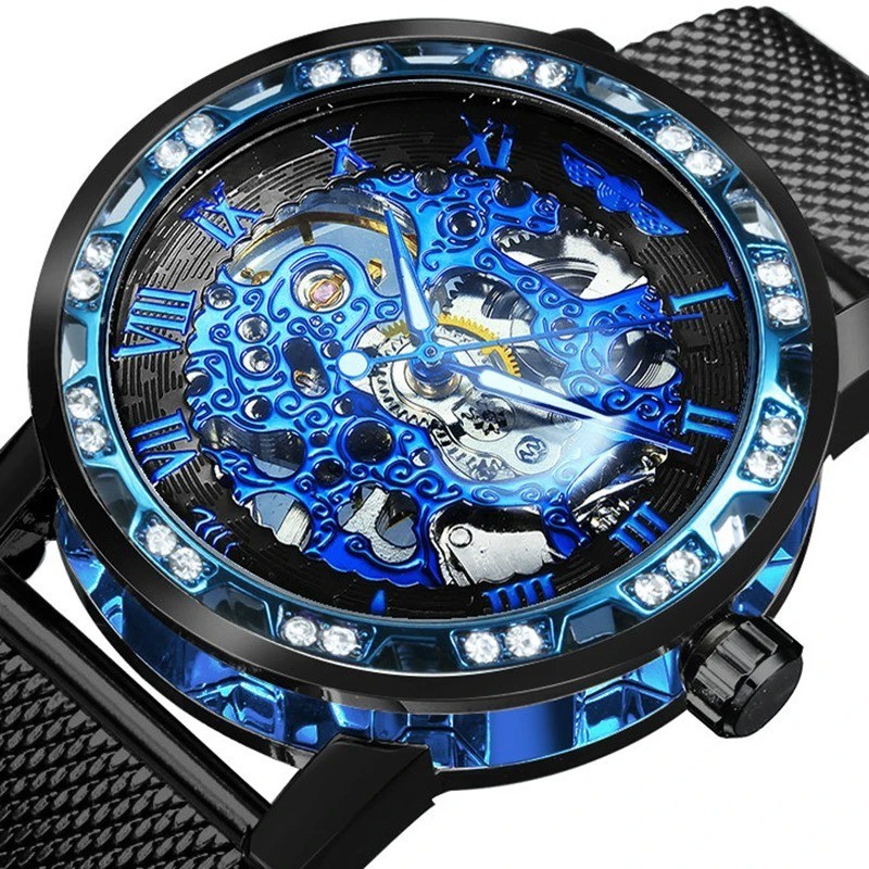 Classic Retro Men Mechanical Watch Blue Skeleton Iced Out Steel Mesh