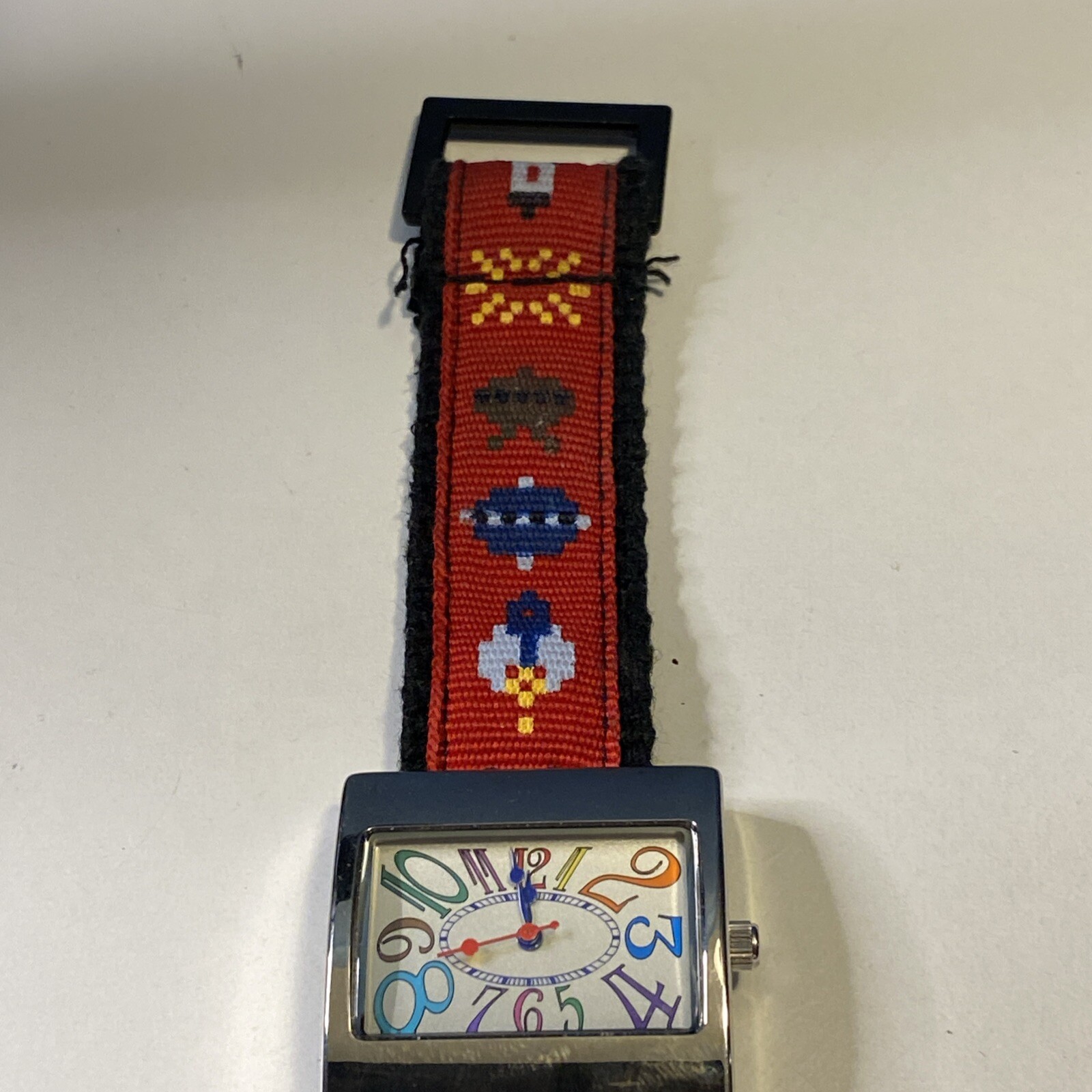 Quartz Wristwatch Silver Tone Rectangle Face Colorful Numbers Colored Nylon Band