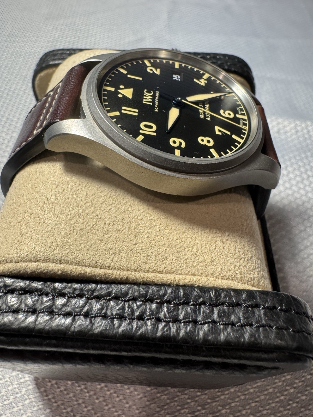 IWC Pilot’s Watch Mark XVIII Titanium Black Dial Date Brown Leather Strap