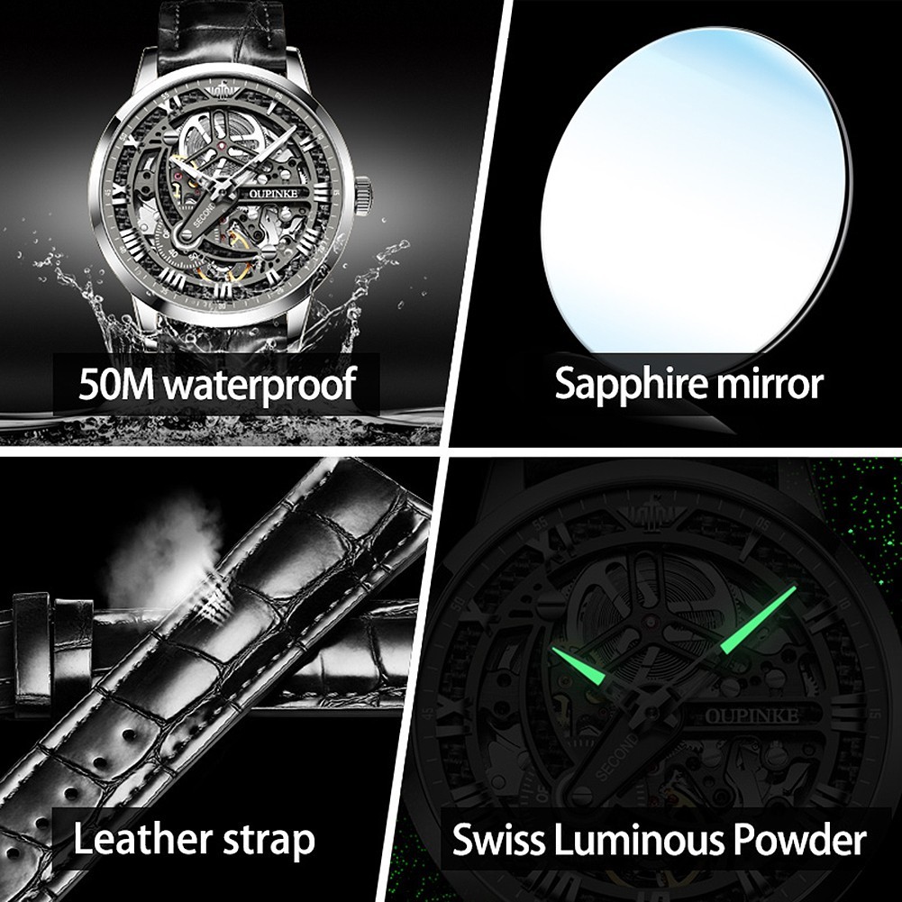 Automatic Mechanical Watch Waterproof Skeleton Luxury Dial Men Men’s Strap