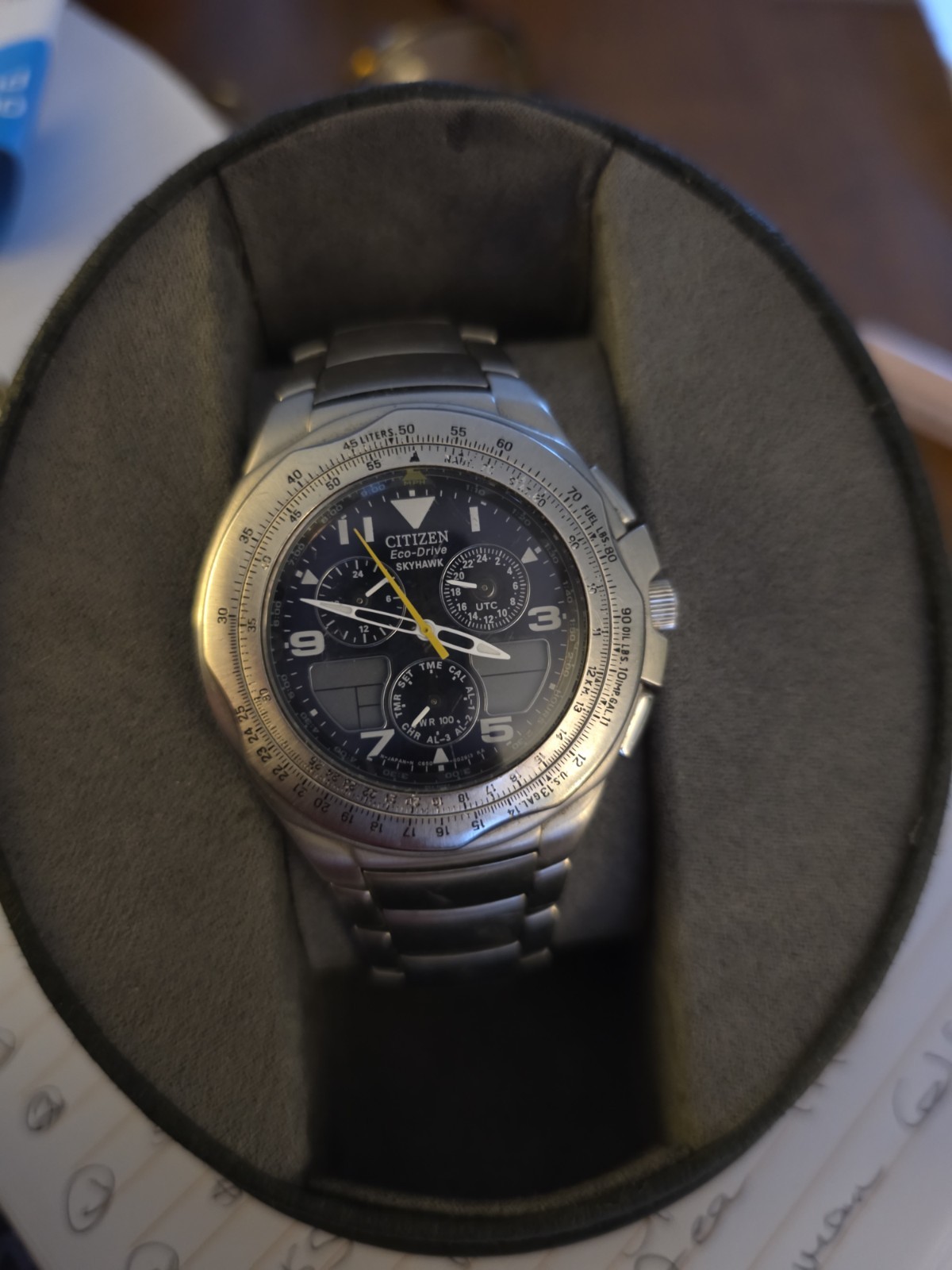 Citizen Eco-Drive Skyhawk Chronograph Slide Rule Pilot Silver Steel Black Dial