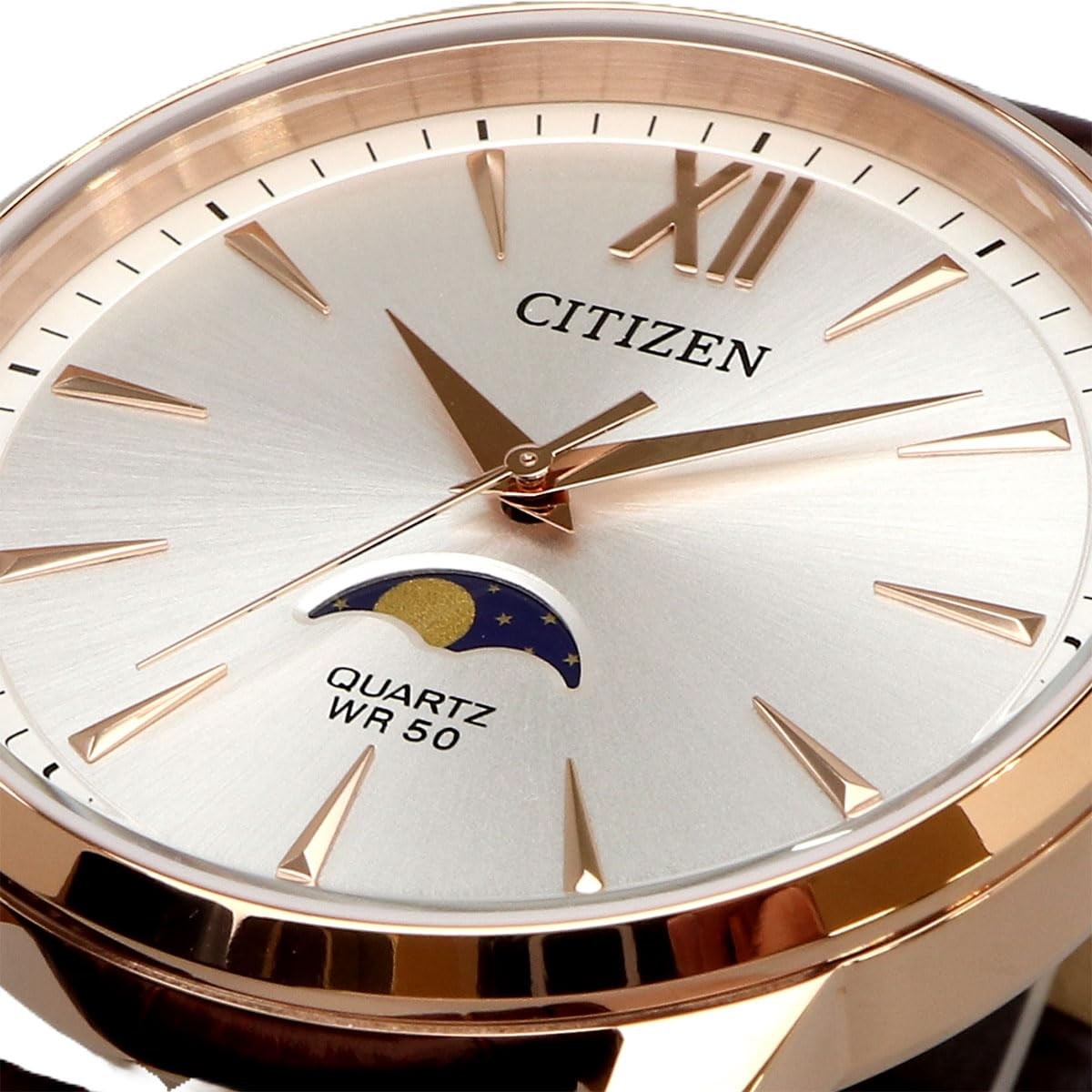 CITIZEN 50M waterproof Moon Phase Leather Belt AK5003-05A brown gold