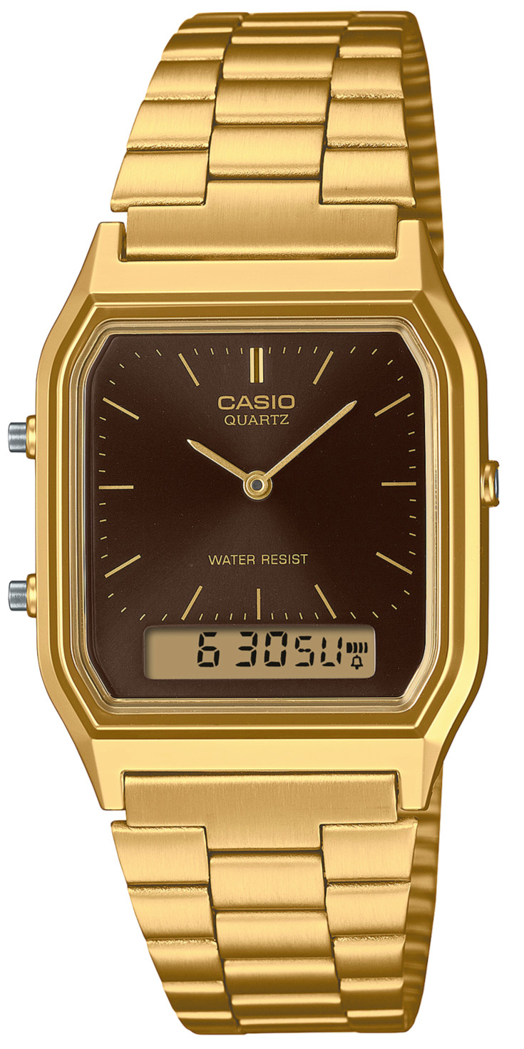 CASIO Vintage AQ-230GA-5AMQY Gold IP Brown Sunray Dial Dual Time Alarm WR Unisex