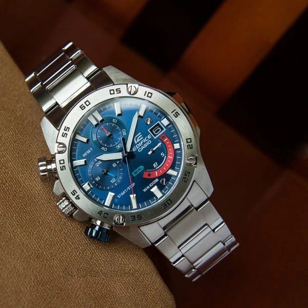 Casio Edifice Chronograph Men’s Watch Blue Dial Silver Stainless Steel WR100M