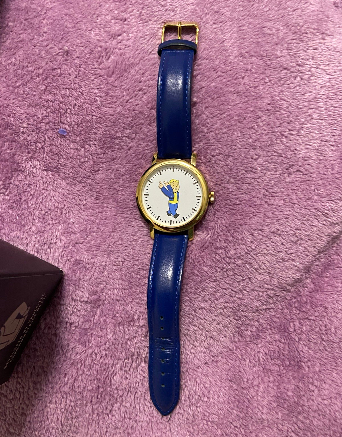 Bethesda Vault Boy Watch Quartz 38mm Gold Tone Blue Leather Strap 30m w/Box