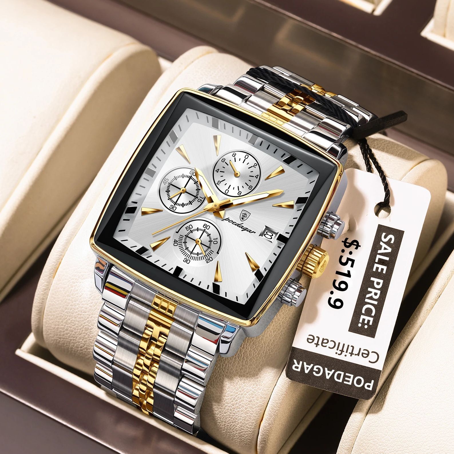 2024 POEDAGAR Luxury Men’s Quartz Watch Square 3Bar Chronograph Stainless Steel