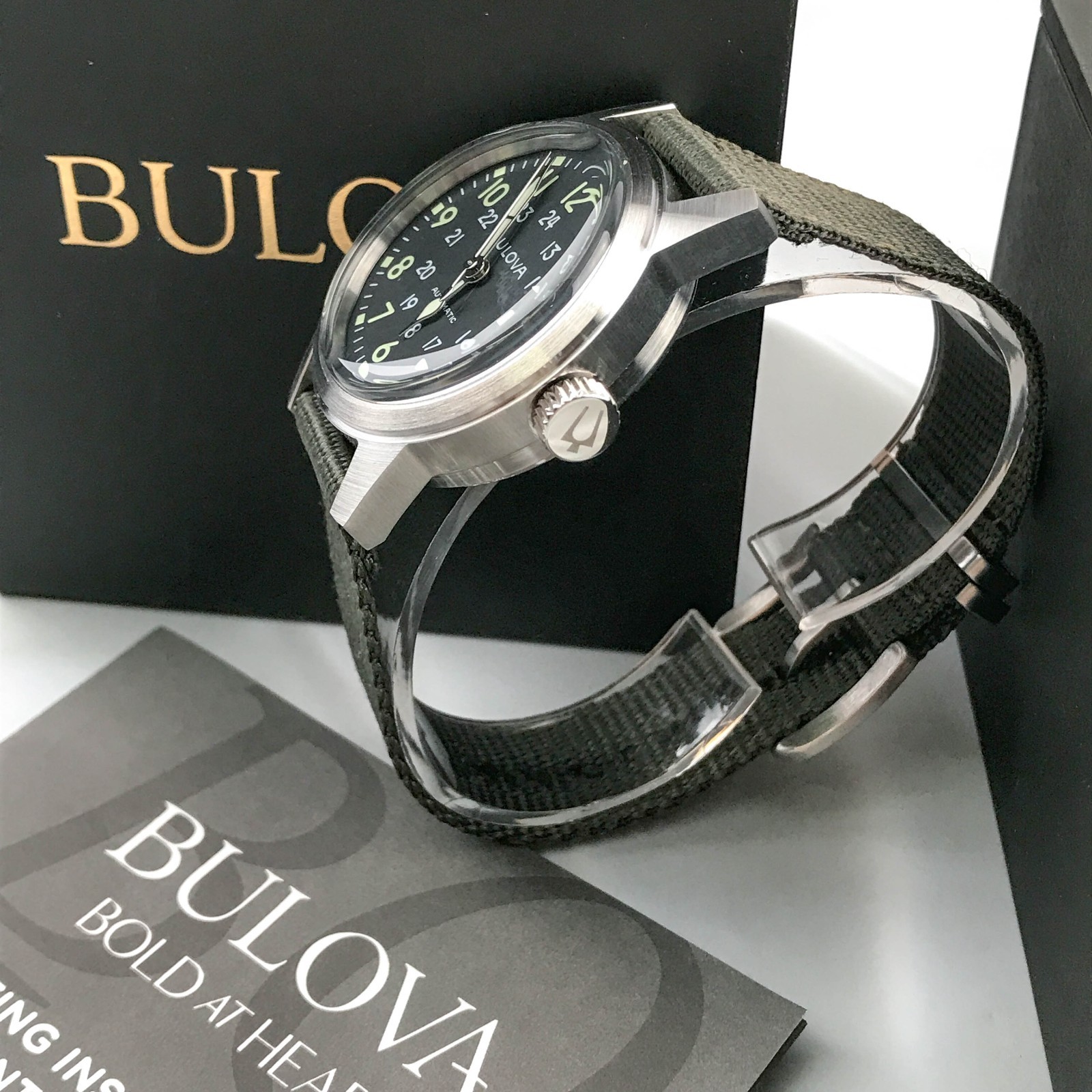 Bulova Special Edition 96A259 Hack Black Dial 38MM Green Fabric Strap Mens Watch