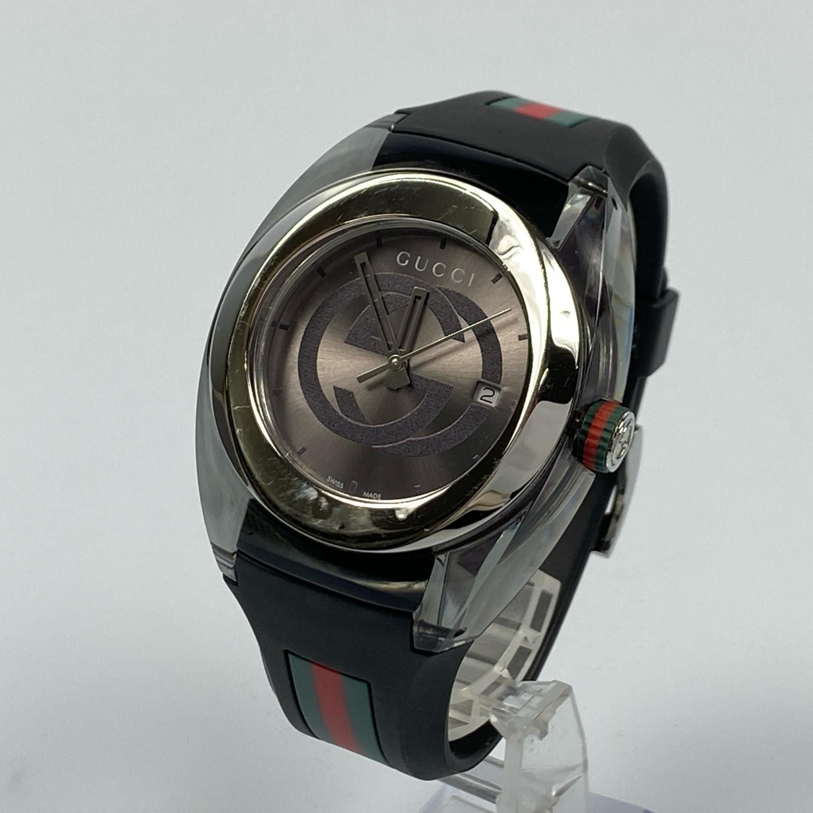 GUCCI Sync YA137107A Mens Quartz Wristwatch 45mm Black Dial Rubber Strap