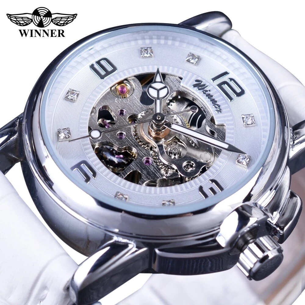 Womens Automatic Transparent Skeleton Luxury Leather Band Ladies Watch Gift Idea