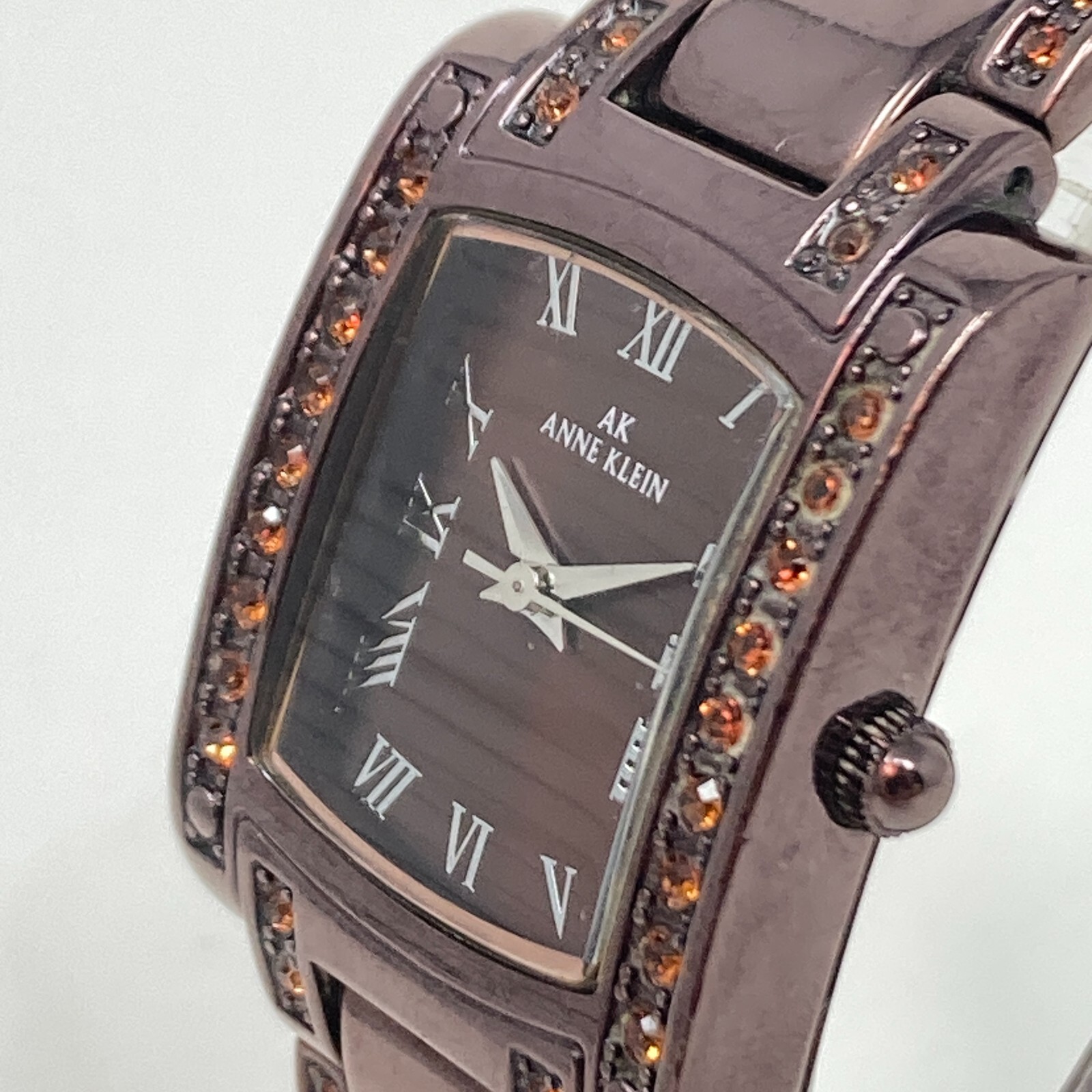 Anne Klein Women’s Tank Watch Brown Orange Crystals Autumn READ New Battery 7″