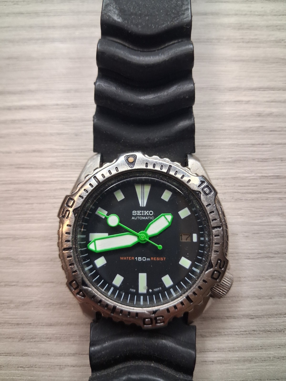 Seiko 7002 Automatic Diver Mod 42mm Custom Black Dial Green Hands Rubber Strap