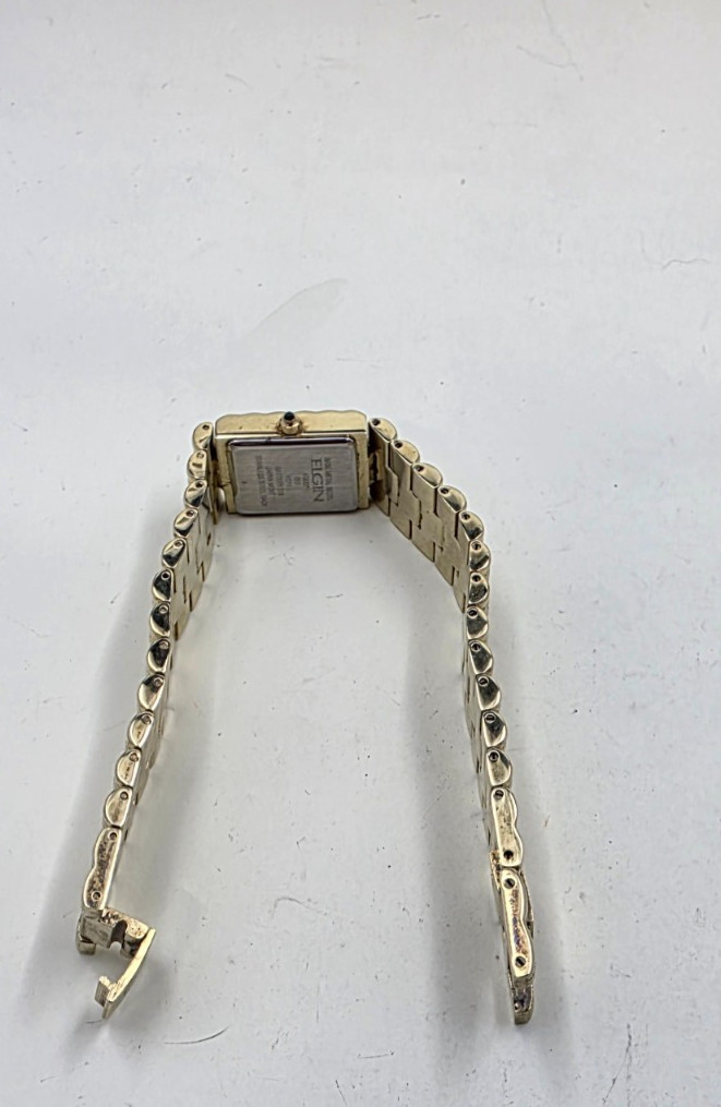 Vintage Elgin Gold Plated Rectangle Watch FG007N Black Textured Dial, Real Diamo