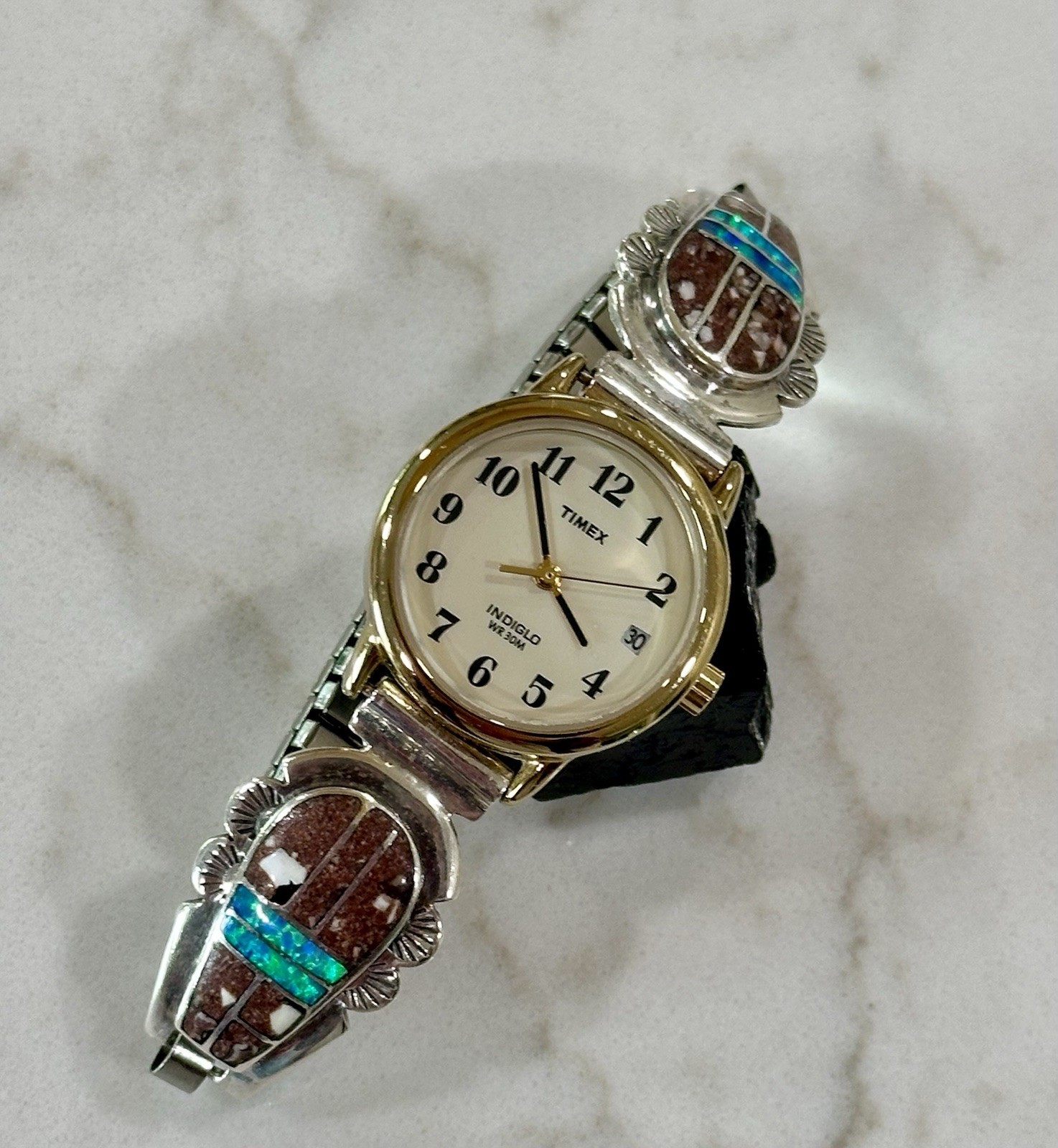 Timex Indiglo 25mm Watch On Navajo Sterling Silver Tips w/ Opal & Coral Inlay*