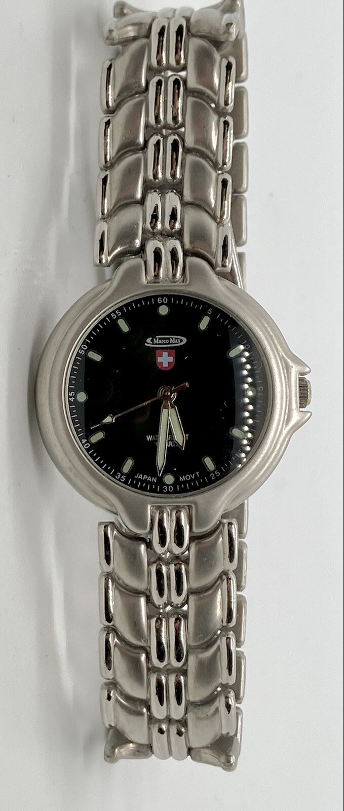 MARCO MAX Mens Watch New Battery 8” Silver Band Dark Green Dial Water Resistant