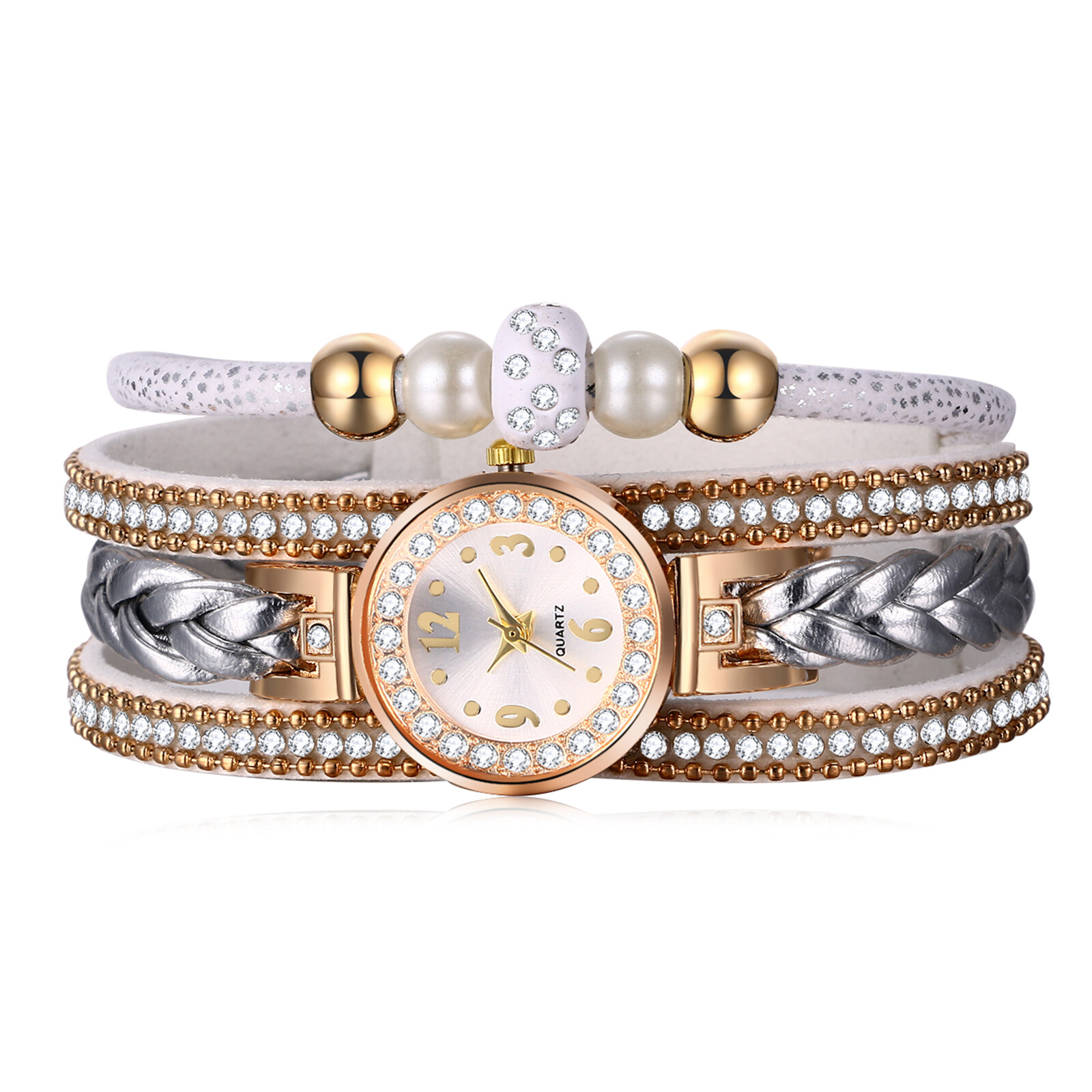 Women Girls Boho Rhinestone Multilayer Leather Bracelet Analog Quartz Wristwatch