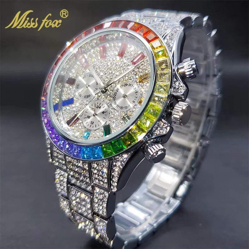 Hip Hop Luxury Silver Colorful Ice out Men’s Watch Iced Bling Waterproof Diamond