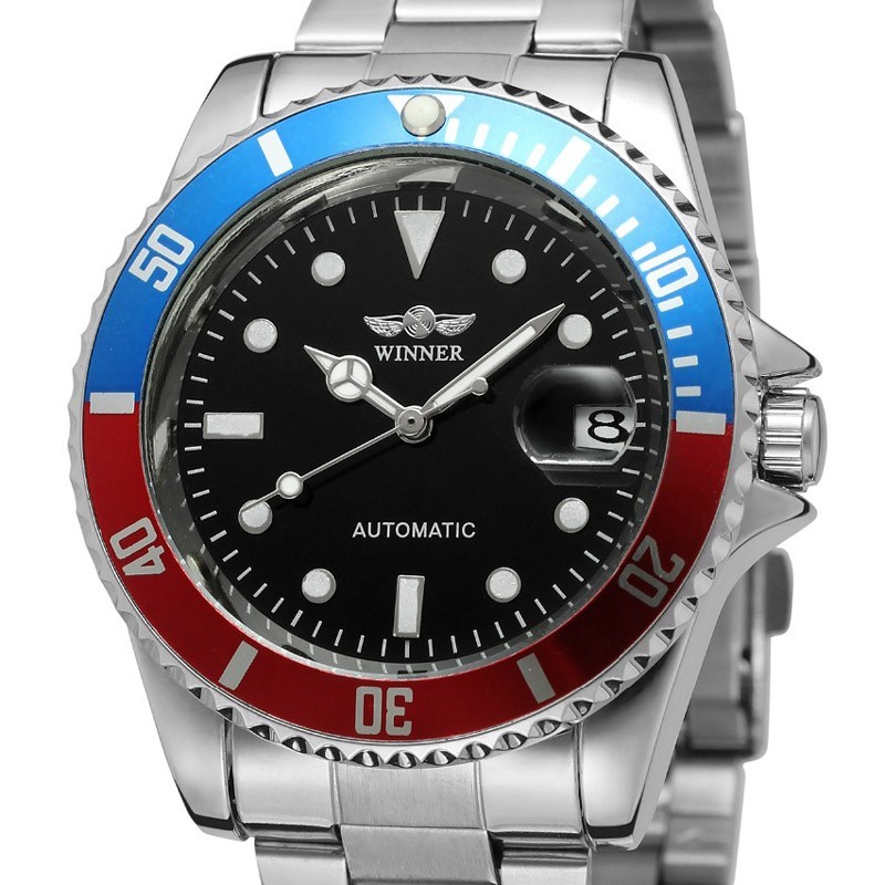 Winner Automatic Mechanical Men’s Skeleton Back Wrist Watch Date Stainless Steel