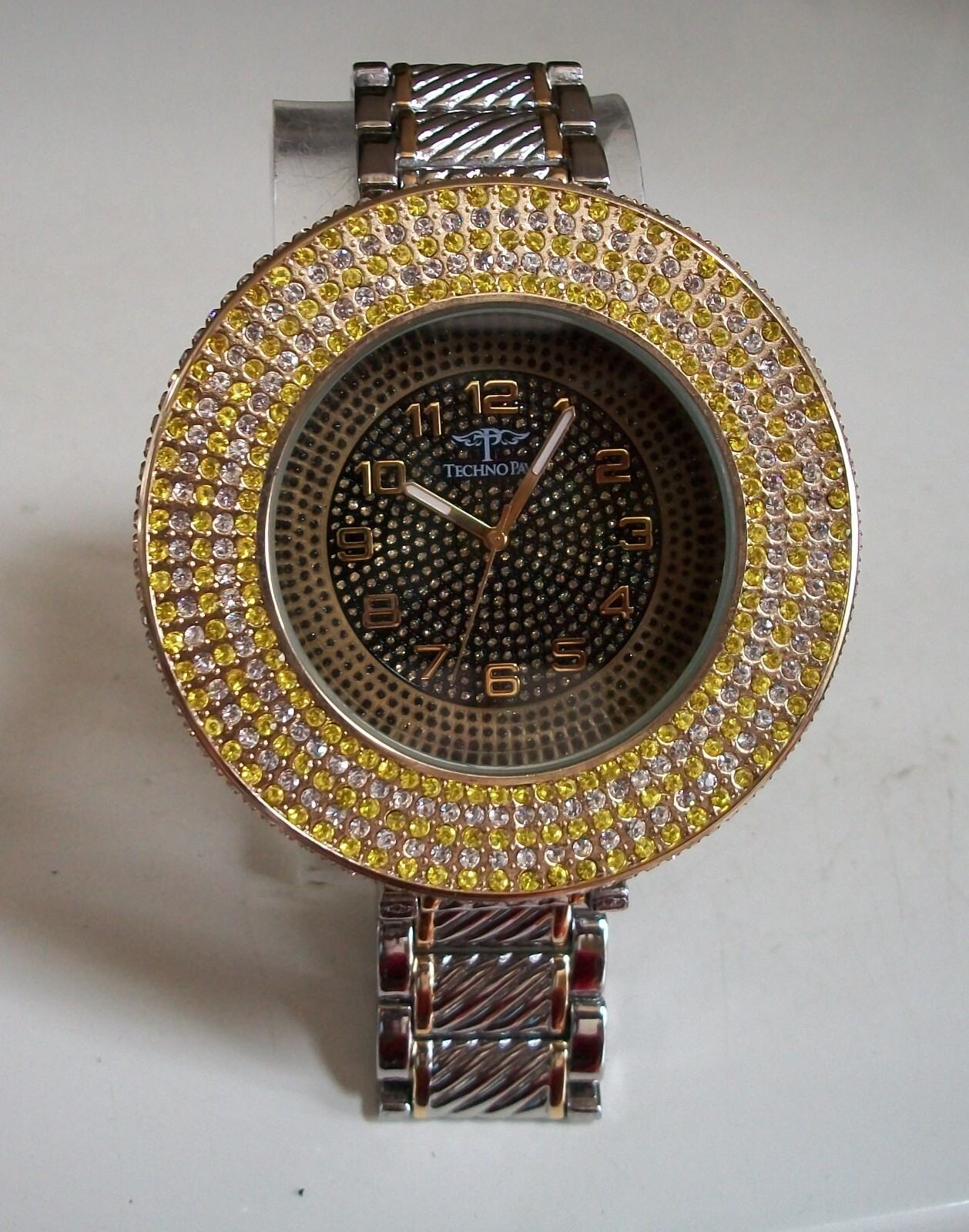 Men’s Gold & Silver Finish Yellow & Clear Bling Fashion Dress Up Or Party Watch