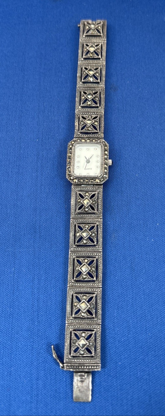 Marcasite, Black Onyx & MOP Sterling Silver Japan Quartz Watch – Untested