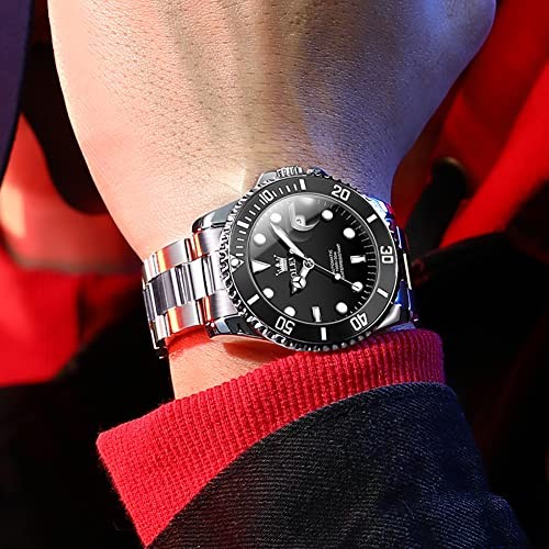 Men’s Automatic Watch, Large Face Easy to Read 01 Black Dial Silver Band
