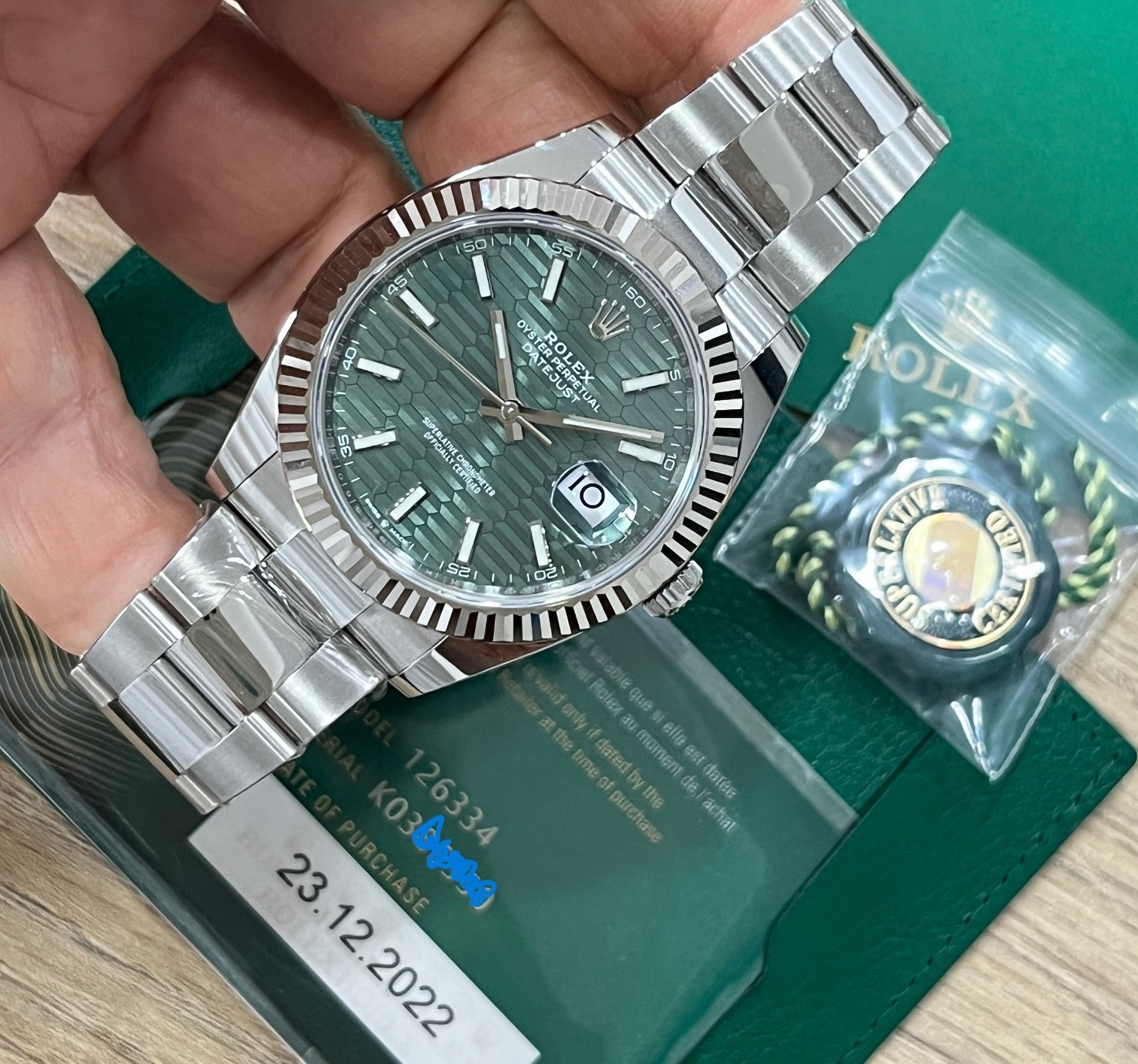 ROLEX DATEJUST 41MM Ref: 126334 GREEN MOTIF WITH BOX AND PAPERS TRULY NEW 2022