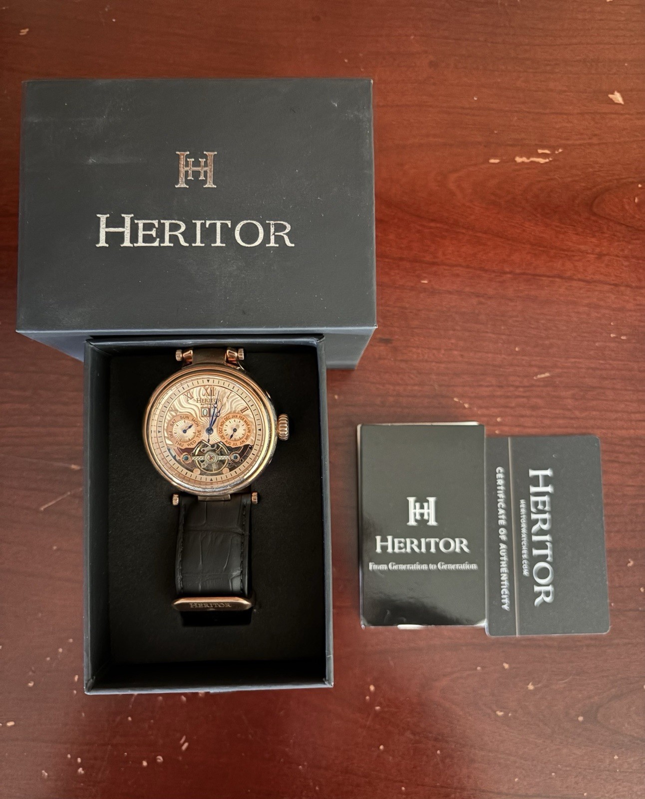 Heritor Automatic Ganzi Semi-Skeleton Leather-Band Watch – Rose Gold/Black