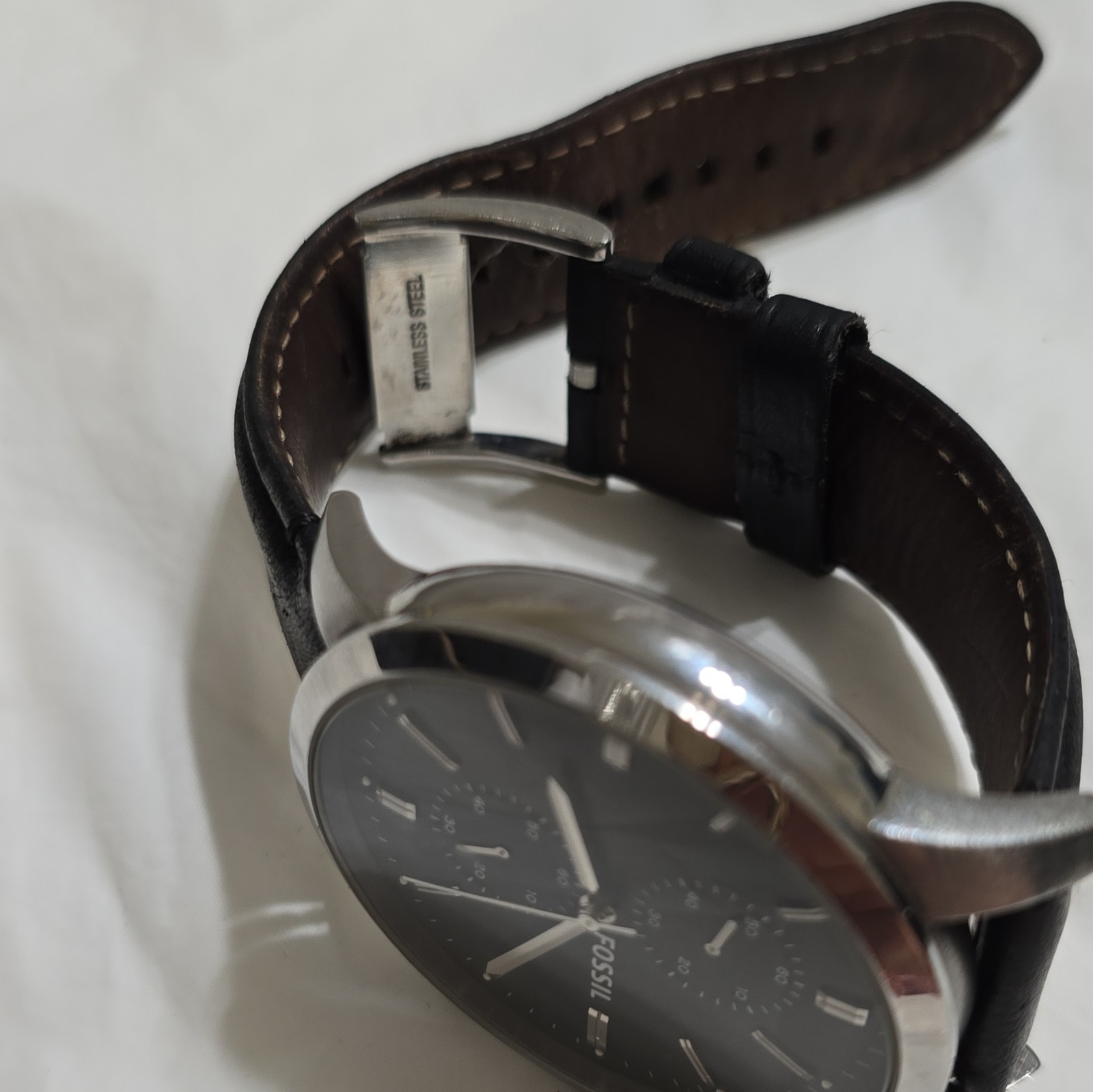 Fossil PR2138 Men’s Quartz Chronograph Watch Black Dial Leather Strap 43mm