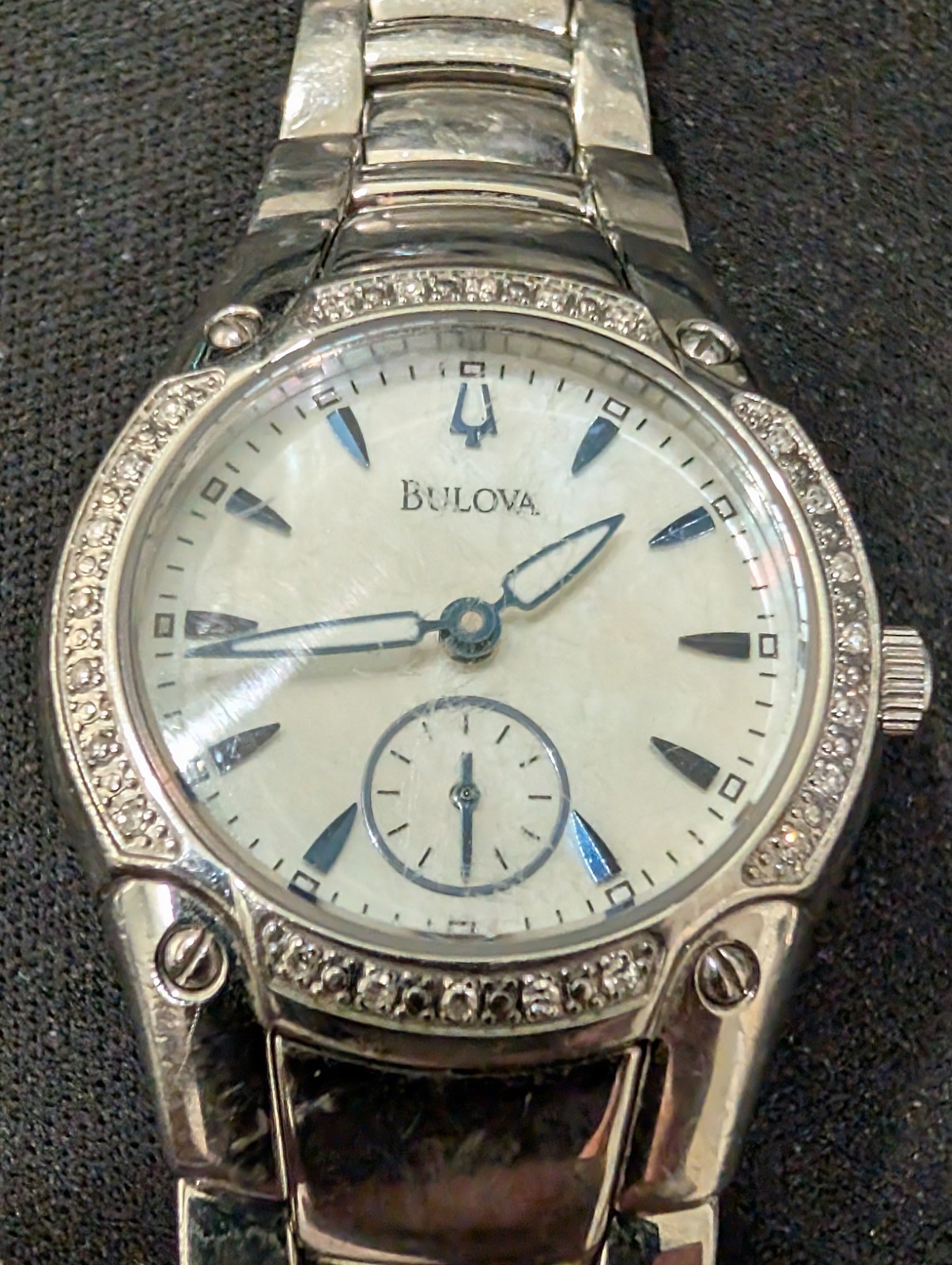 Bulova 96R55 24 Diamonds Silver Tone White Mother Pearl Dial Ladies Dress Watch