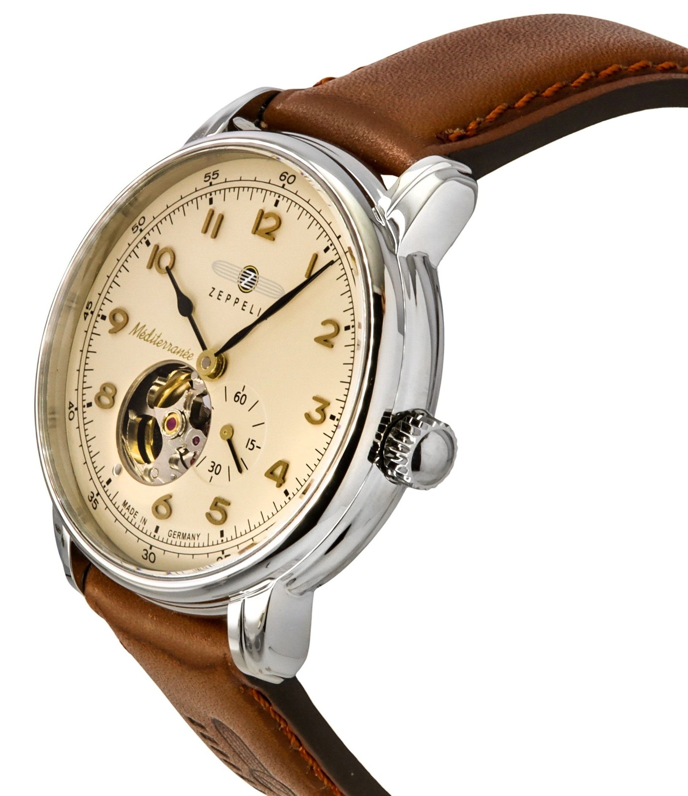 Zeppelin Mediterranee Leather Strap Open Heart Beige Dial Z96665 50M Mens Watch