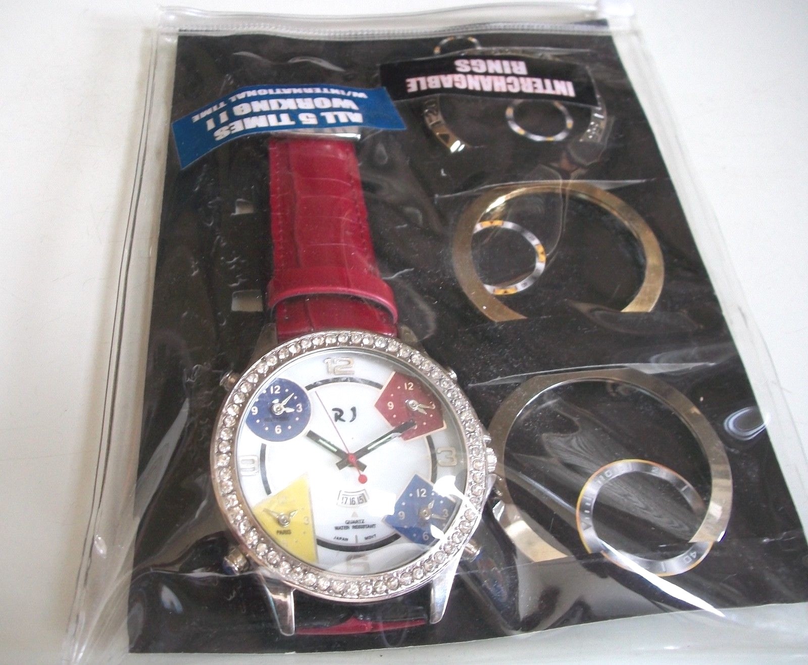 RJ CZ/Plain Bezel 5 Time Zone Date Men’s Fashion Watch With Pouch & Extra Bezel