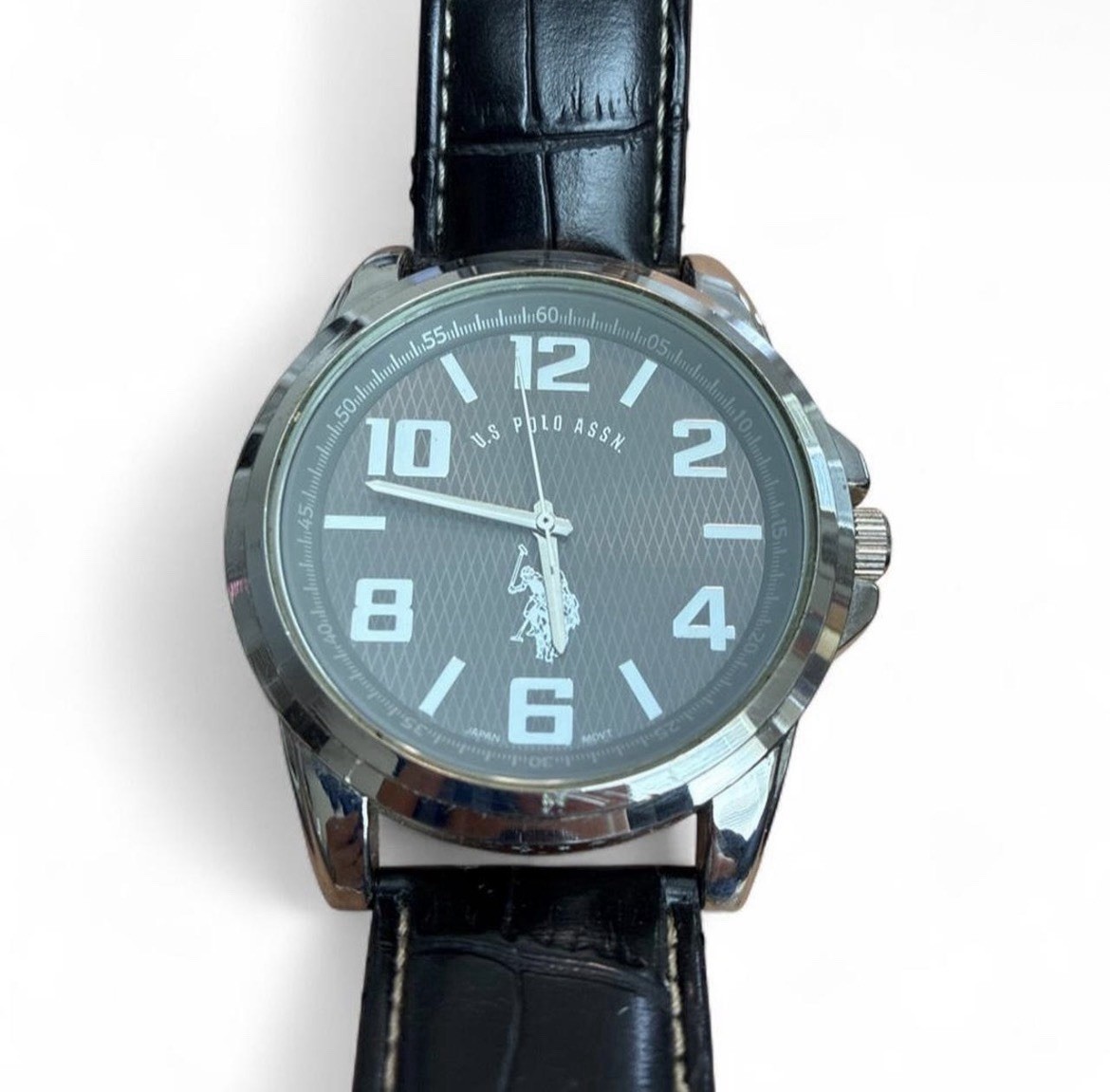 U.S. Polo Assn. Mens Quartz Watch Gray Textured Dial Black Leather Strap